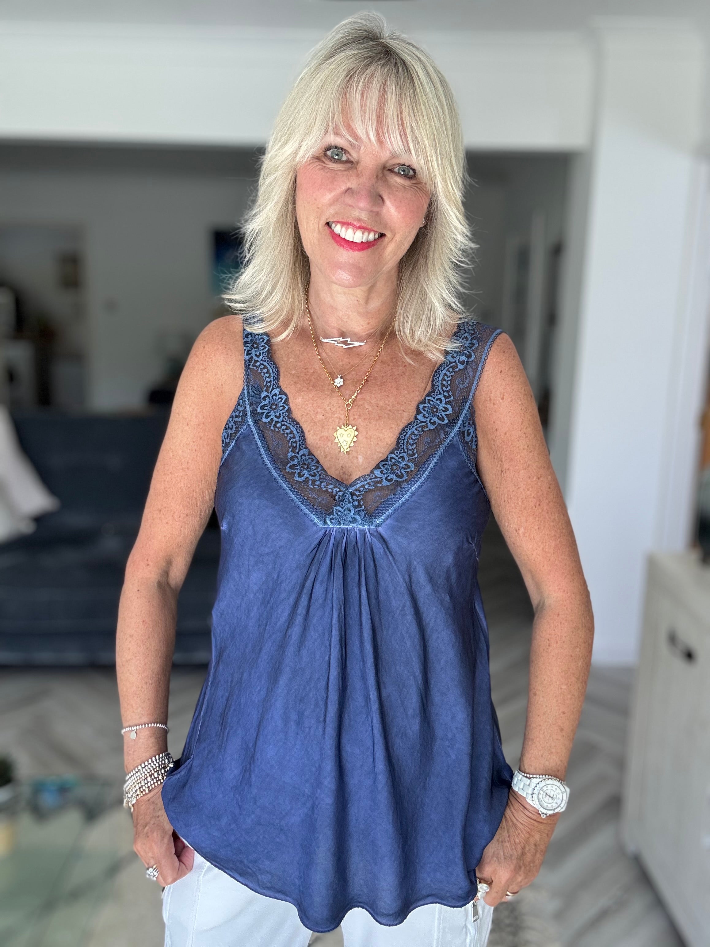 Lace Trim Silk Cami in Indigo Blue