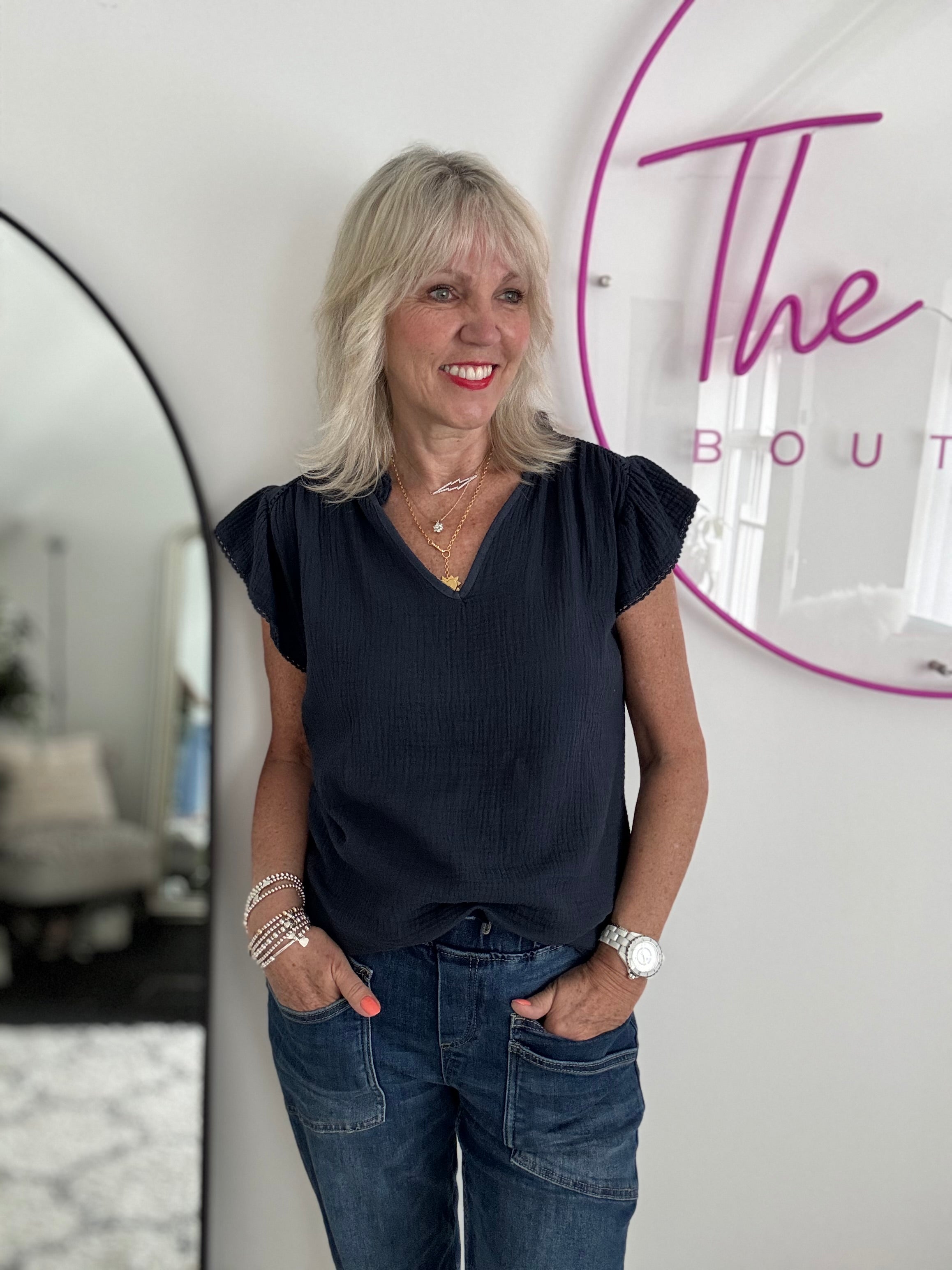 Cheesecloth Top with Ruffle Sleeves in Navy