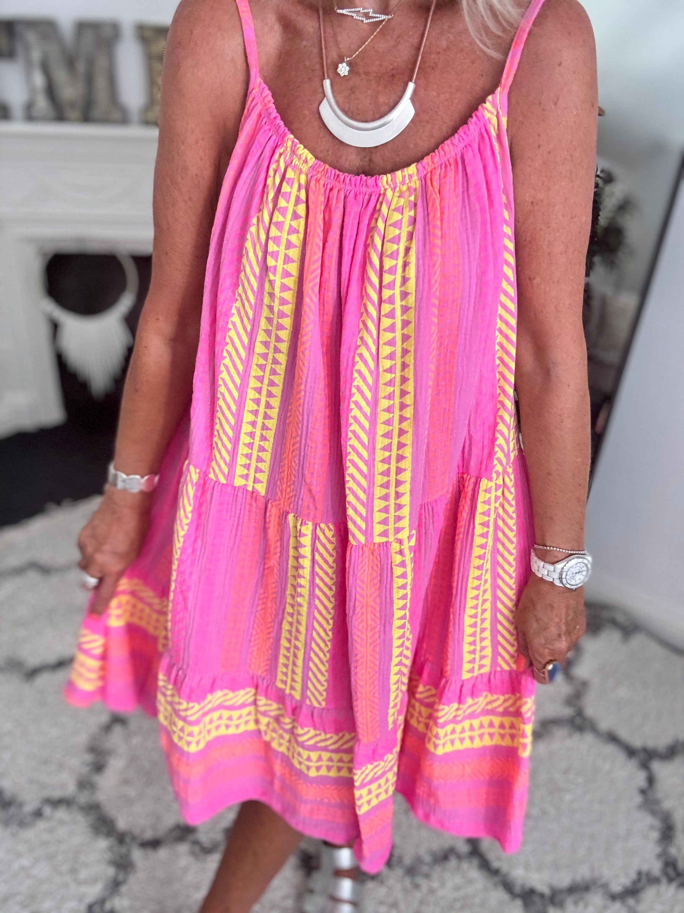 Aztec Cheesecloth Dress in Candy Pink