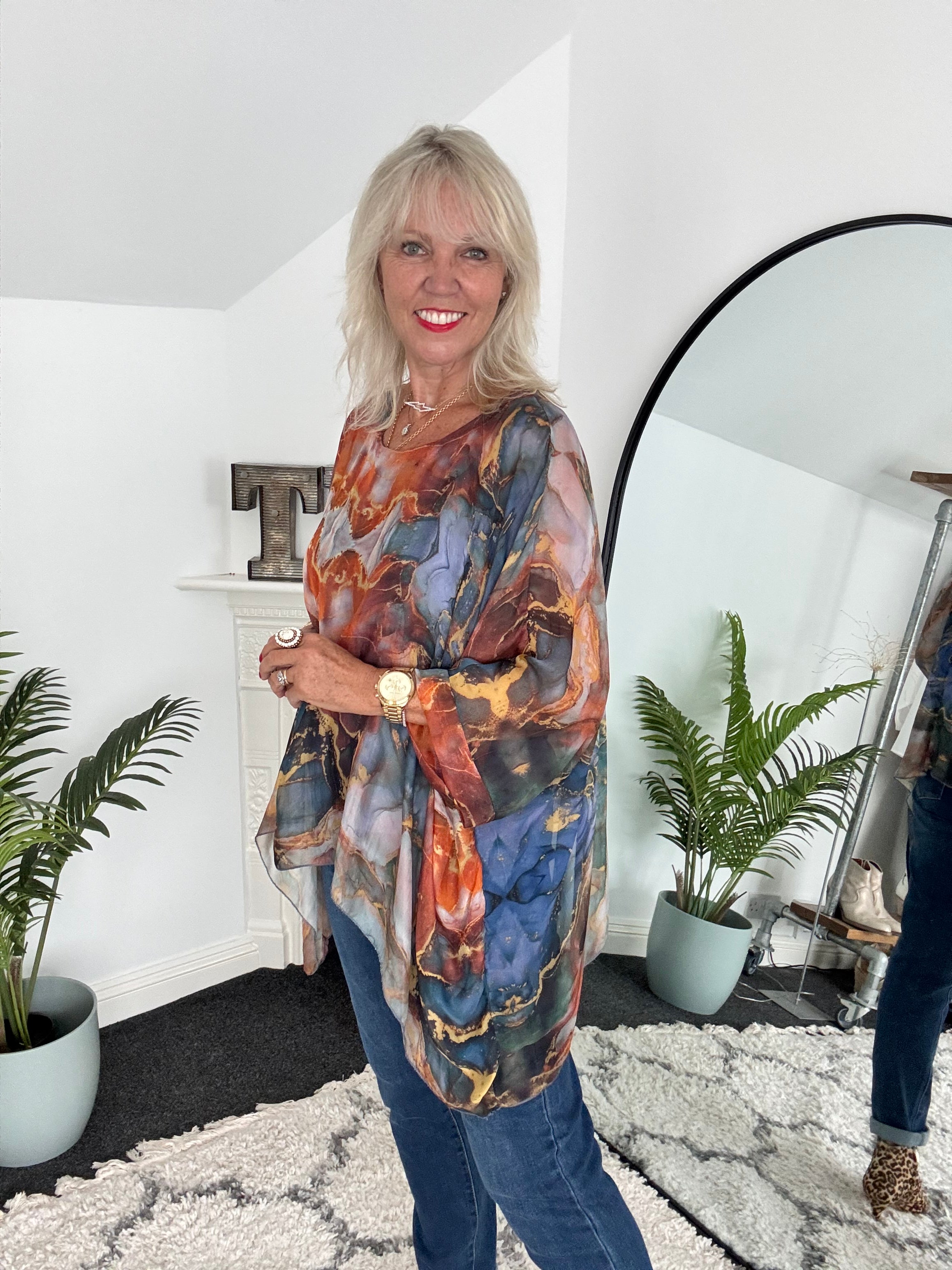 Silk Blouse in Dark Blue & Rust Marble