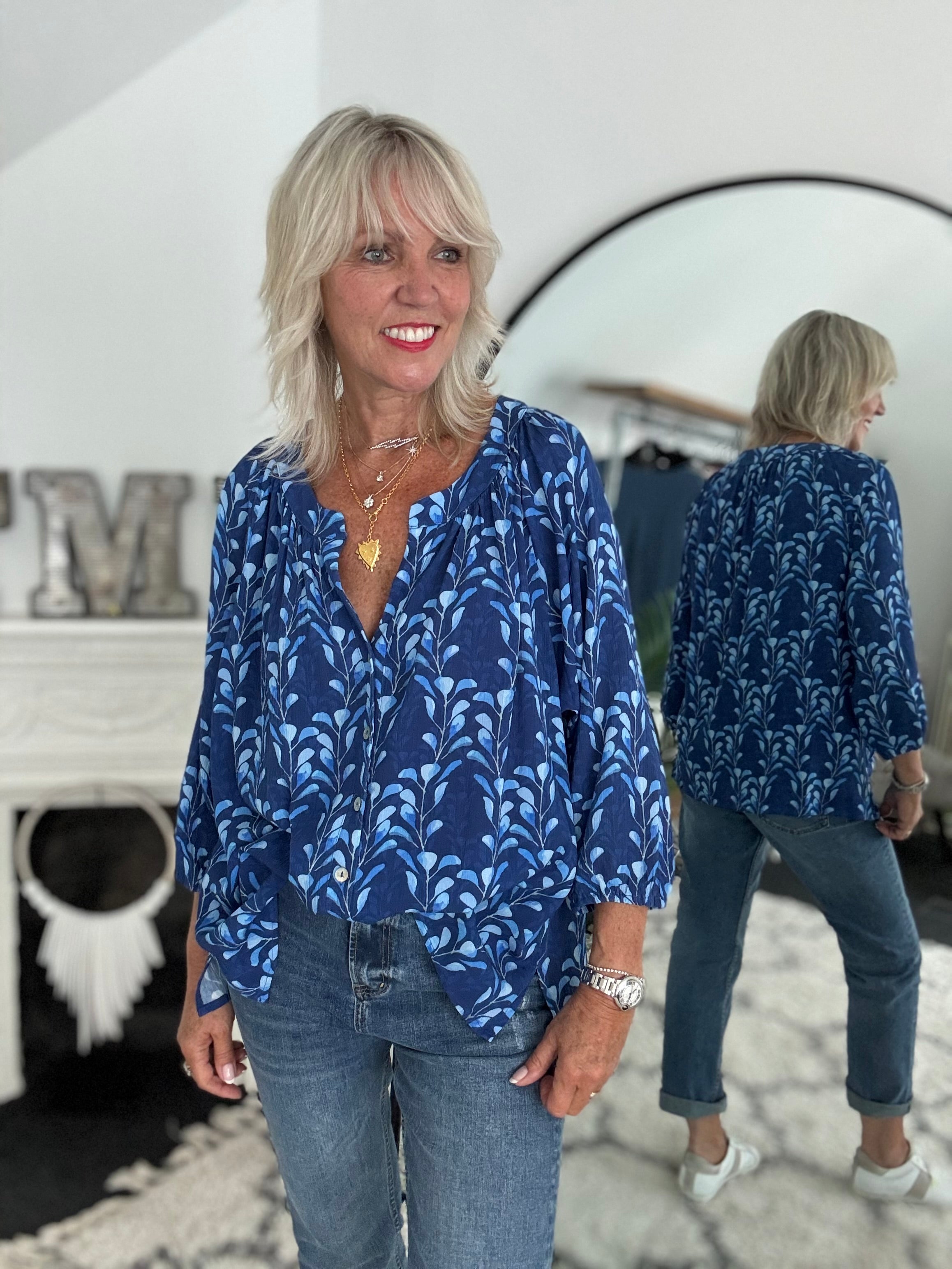 Leaf Print Blouse in Blue