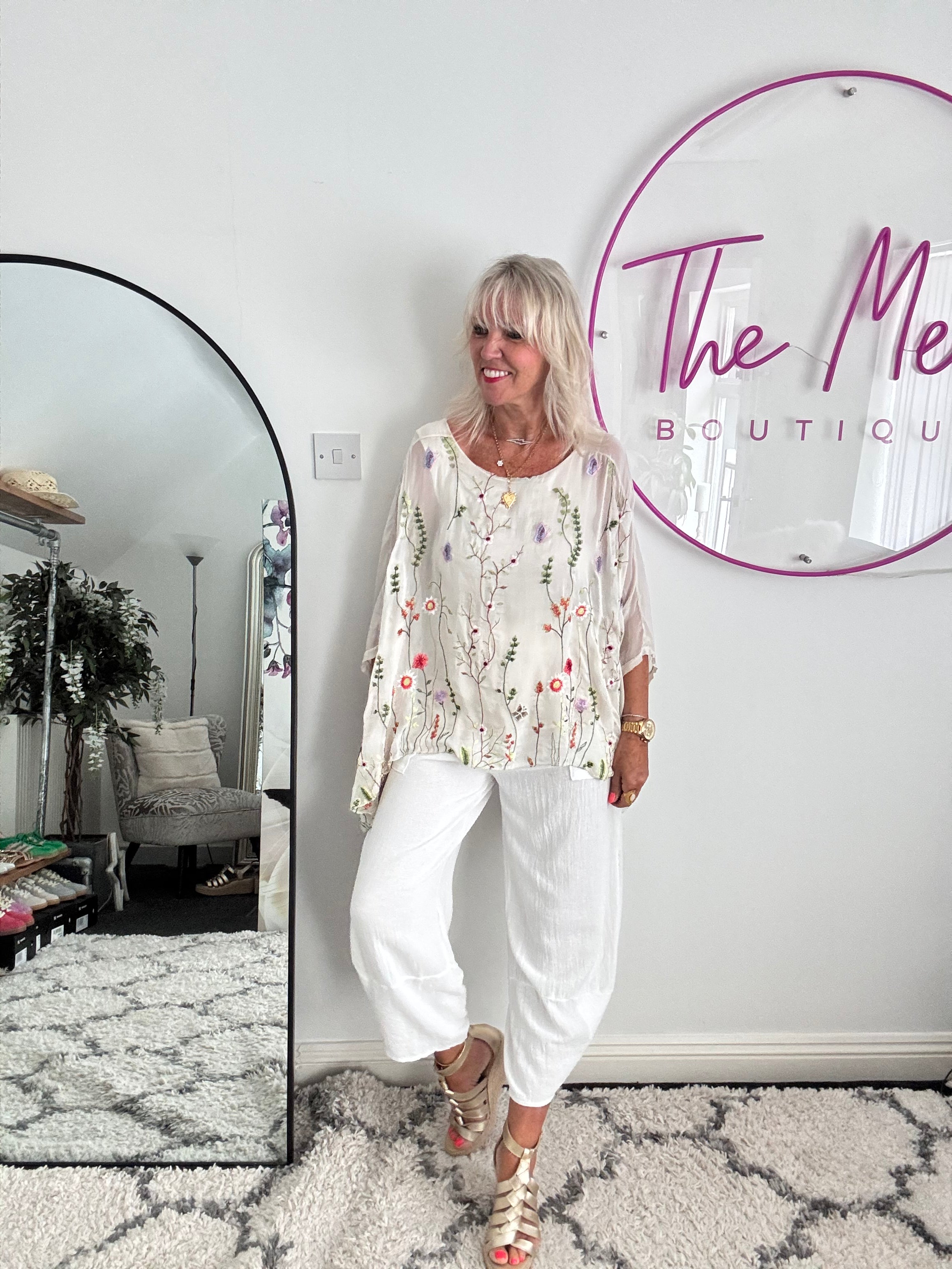 Silk Embroidered Top in Pale Ecru