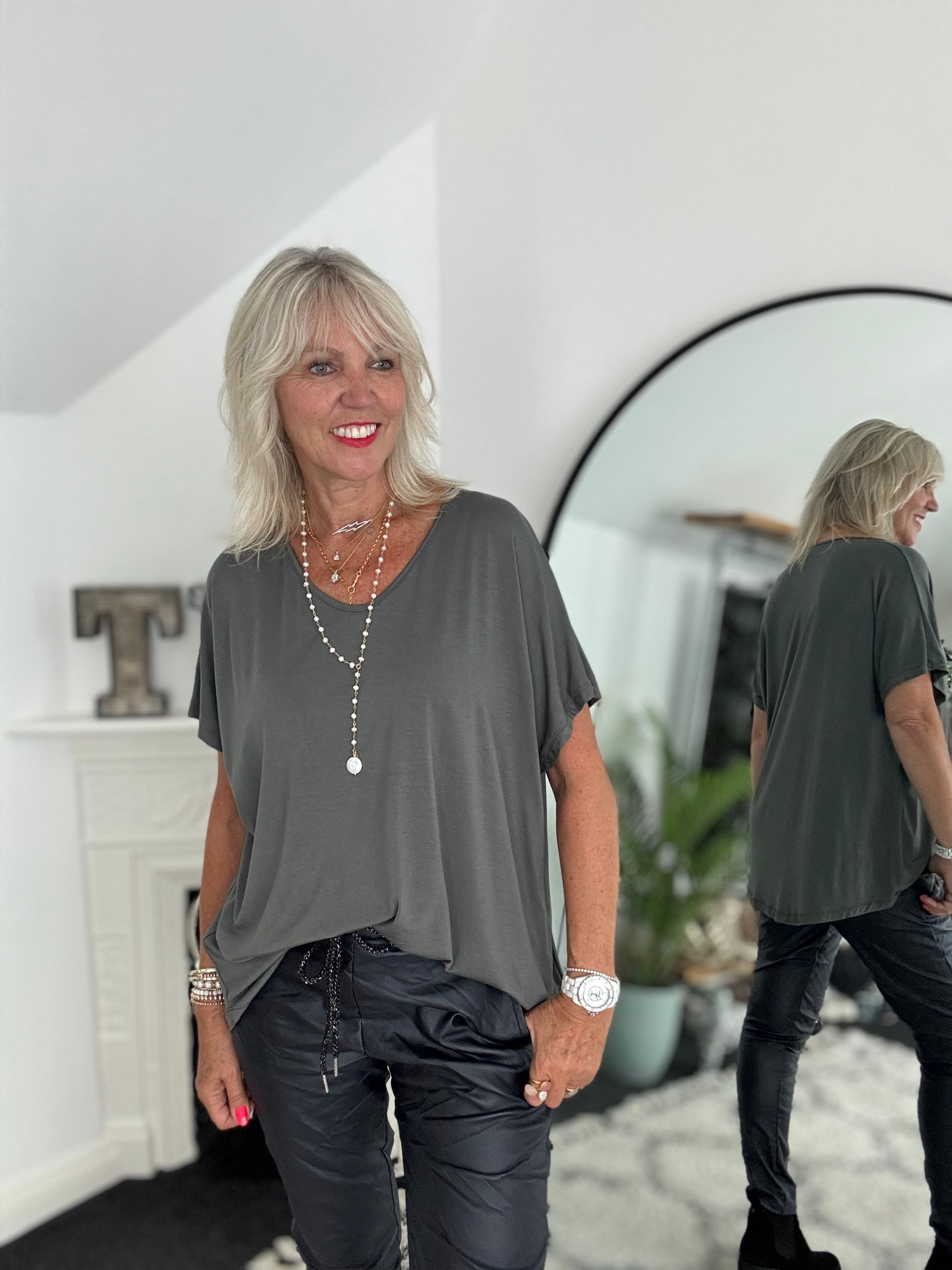 Oversized V Neck Tee in Khaki Grey