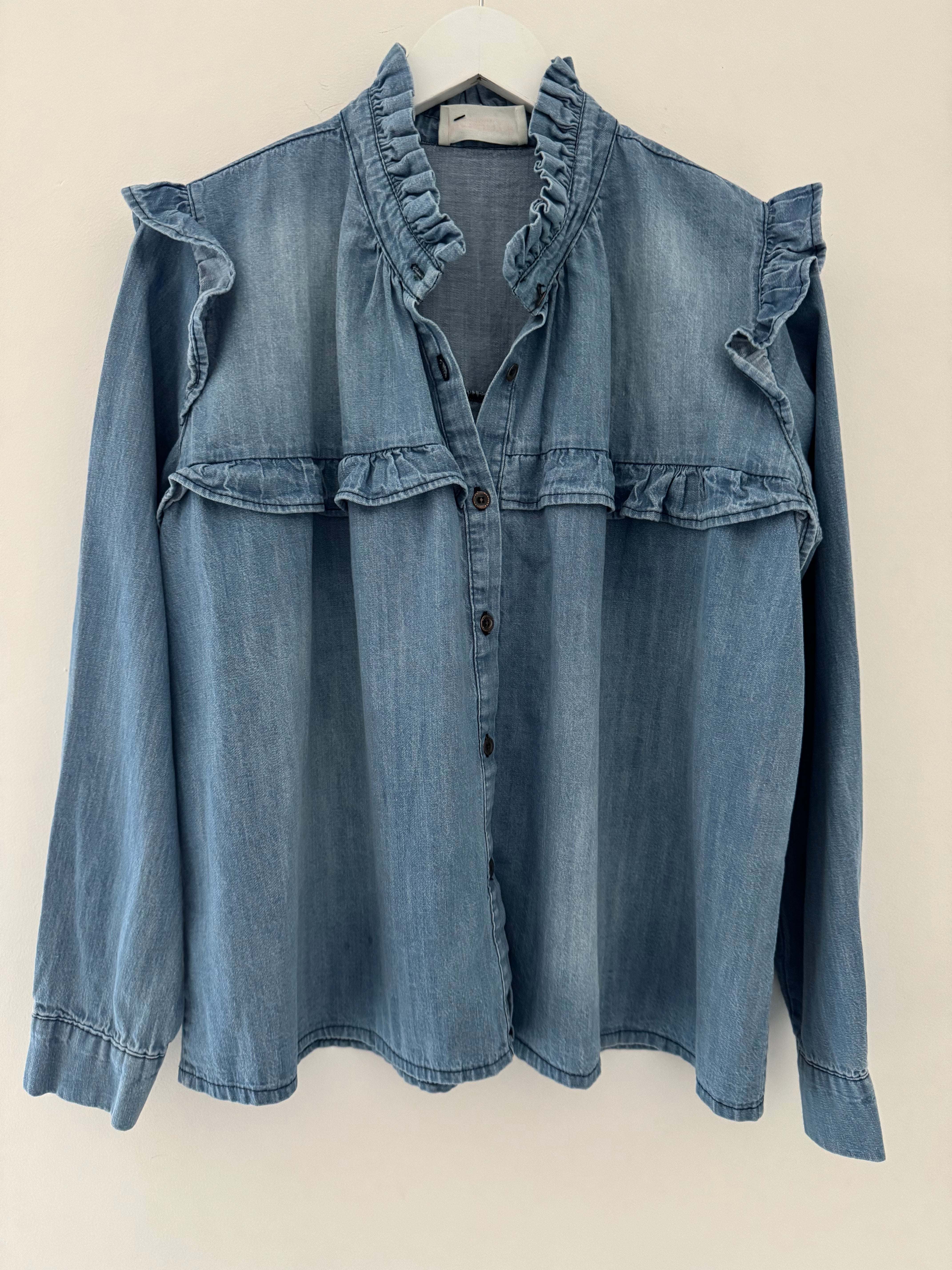 Luxe Ruffle Blouse in Mid Denim