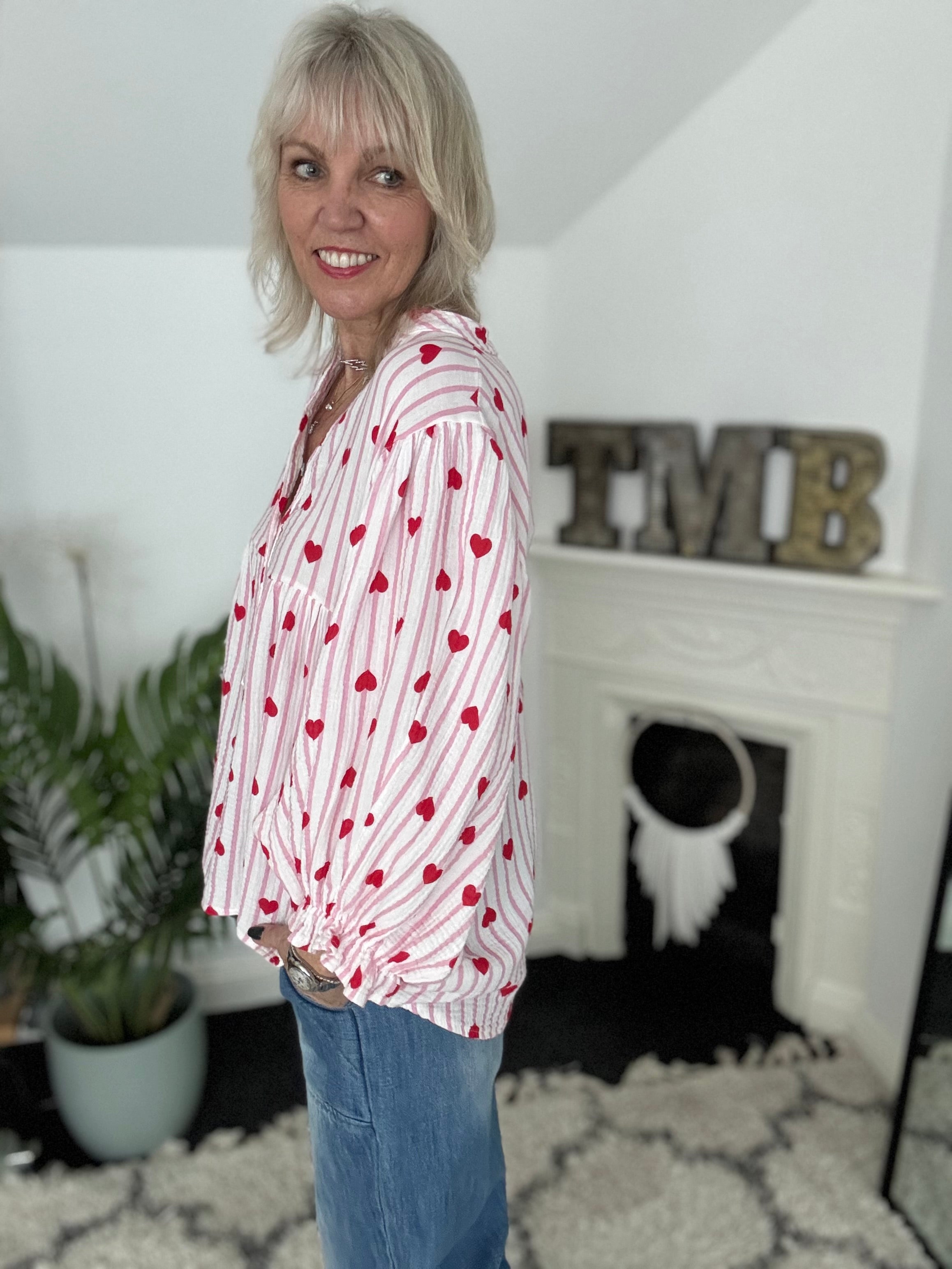 Oversized Cheesecloth Heart Blouse in Pink & Red