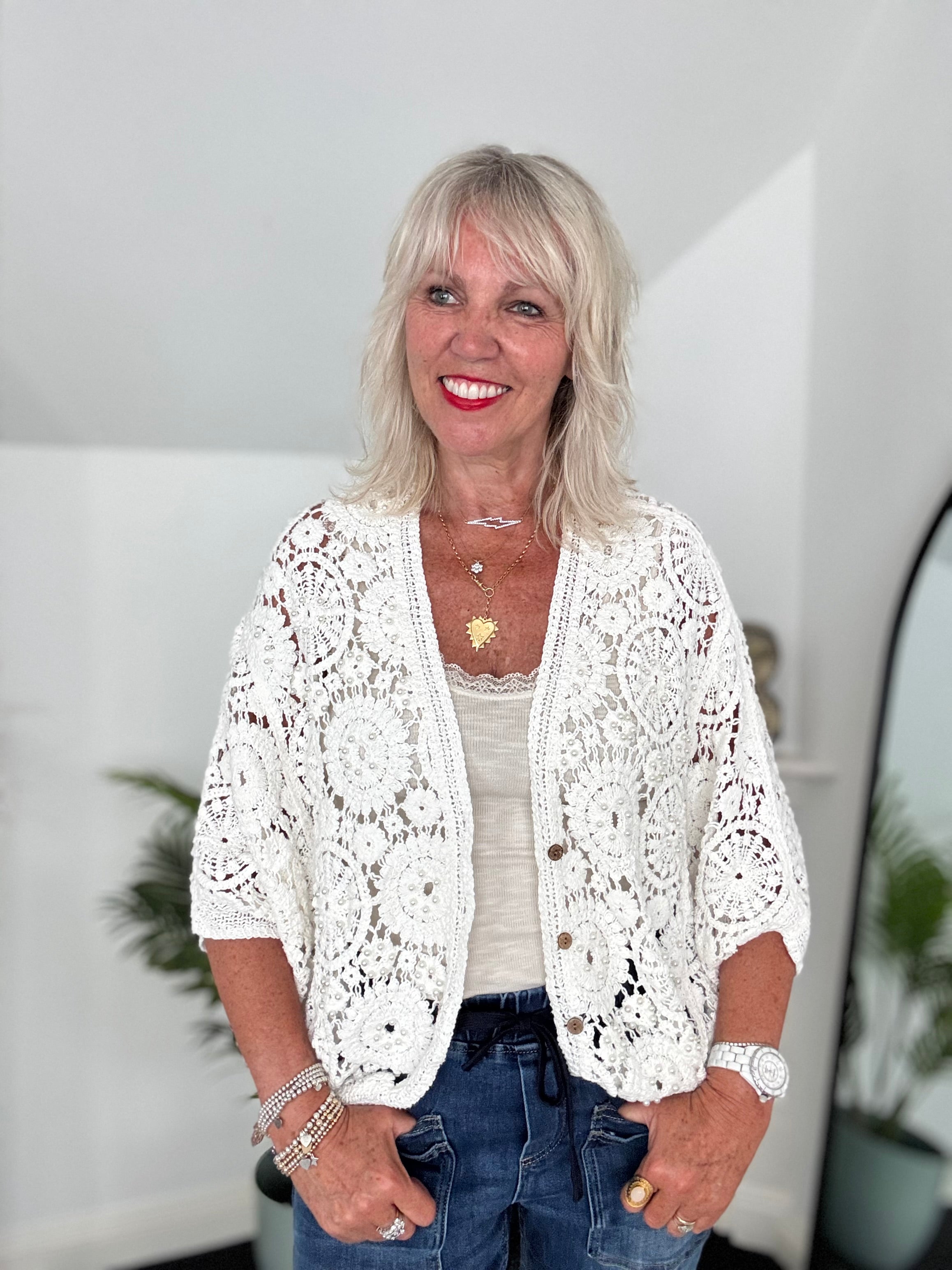 Batwing Crochet Cardigan in Ivory