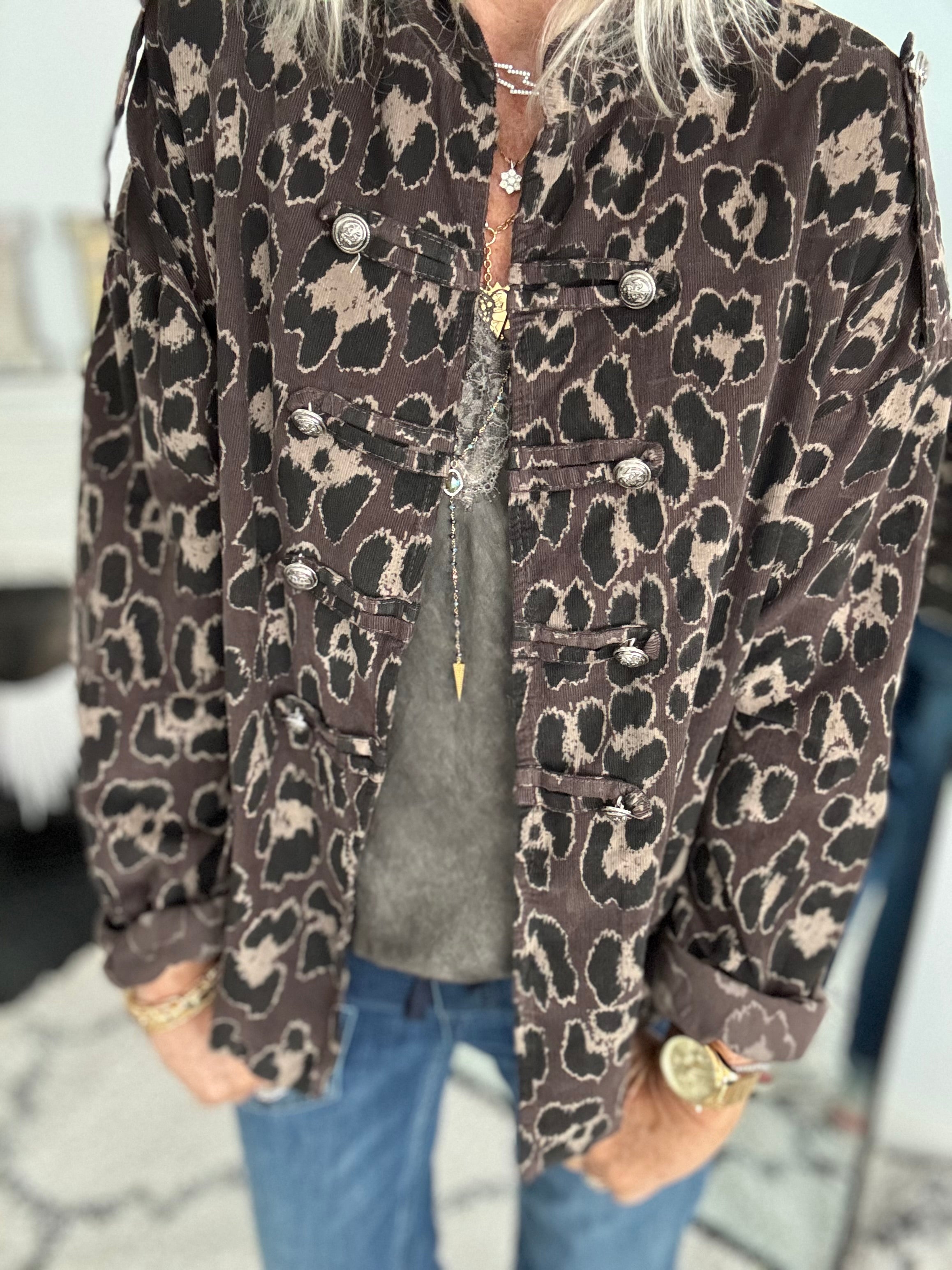 Needlecord Military Jacket in Mocha Leopard
