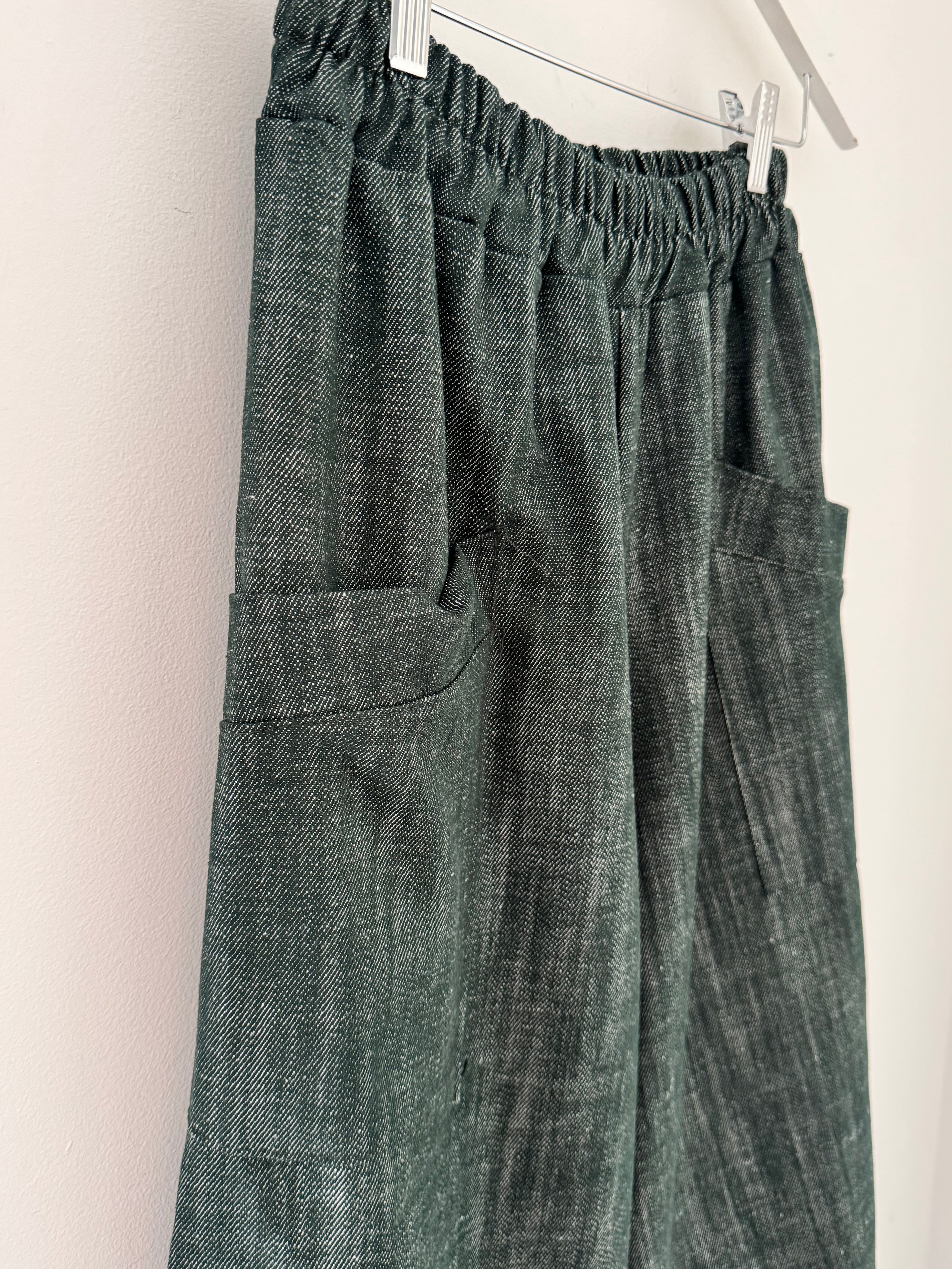 Premium Barrel Leg Trousers in Green Denim