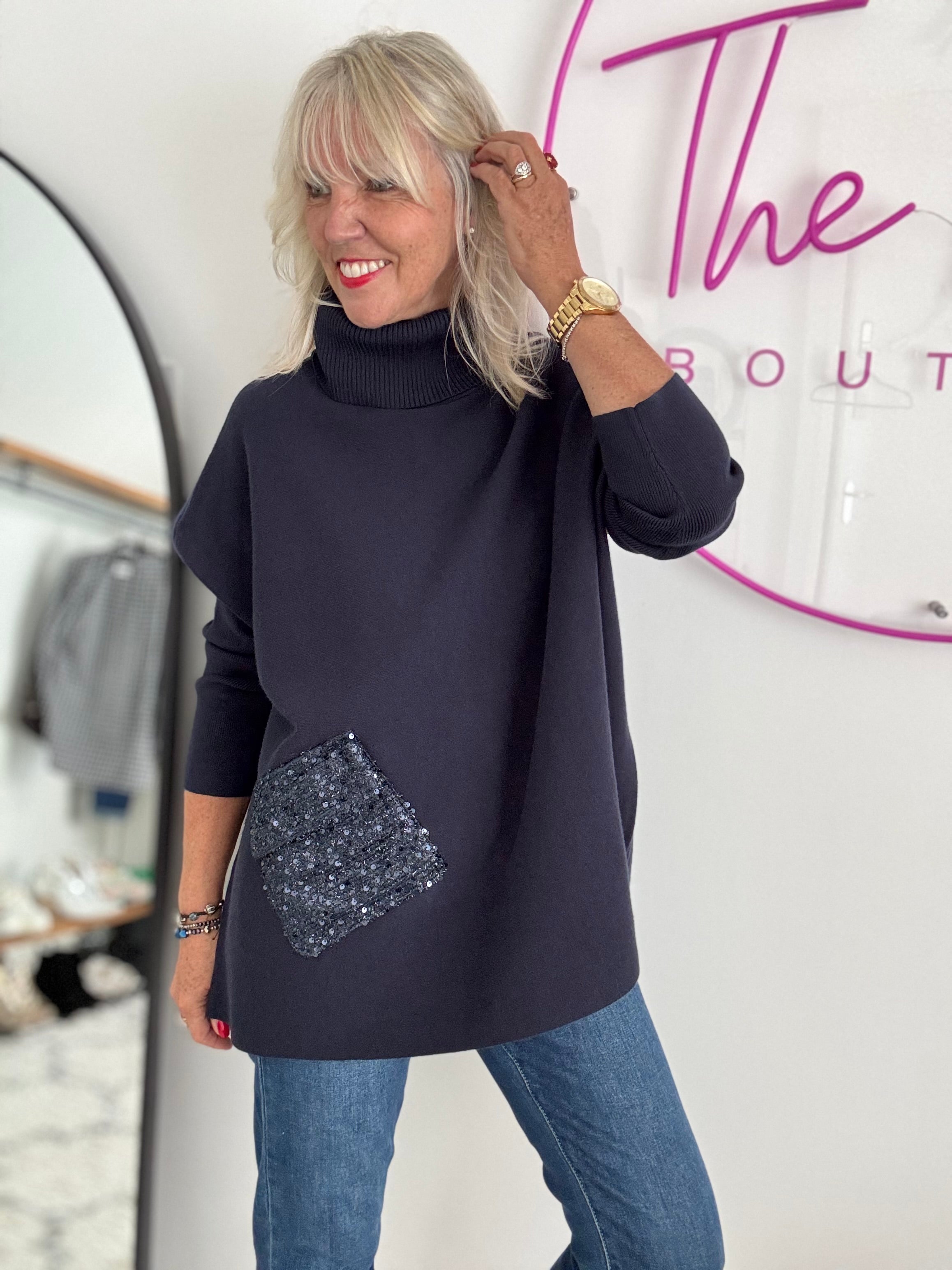 Oversized Roll Neck Poncho Jumper in Ink