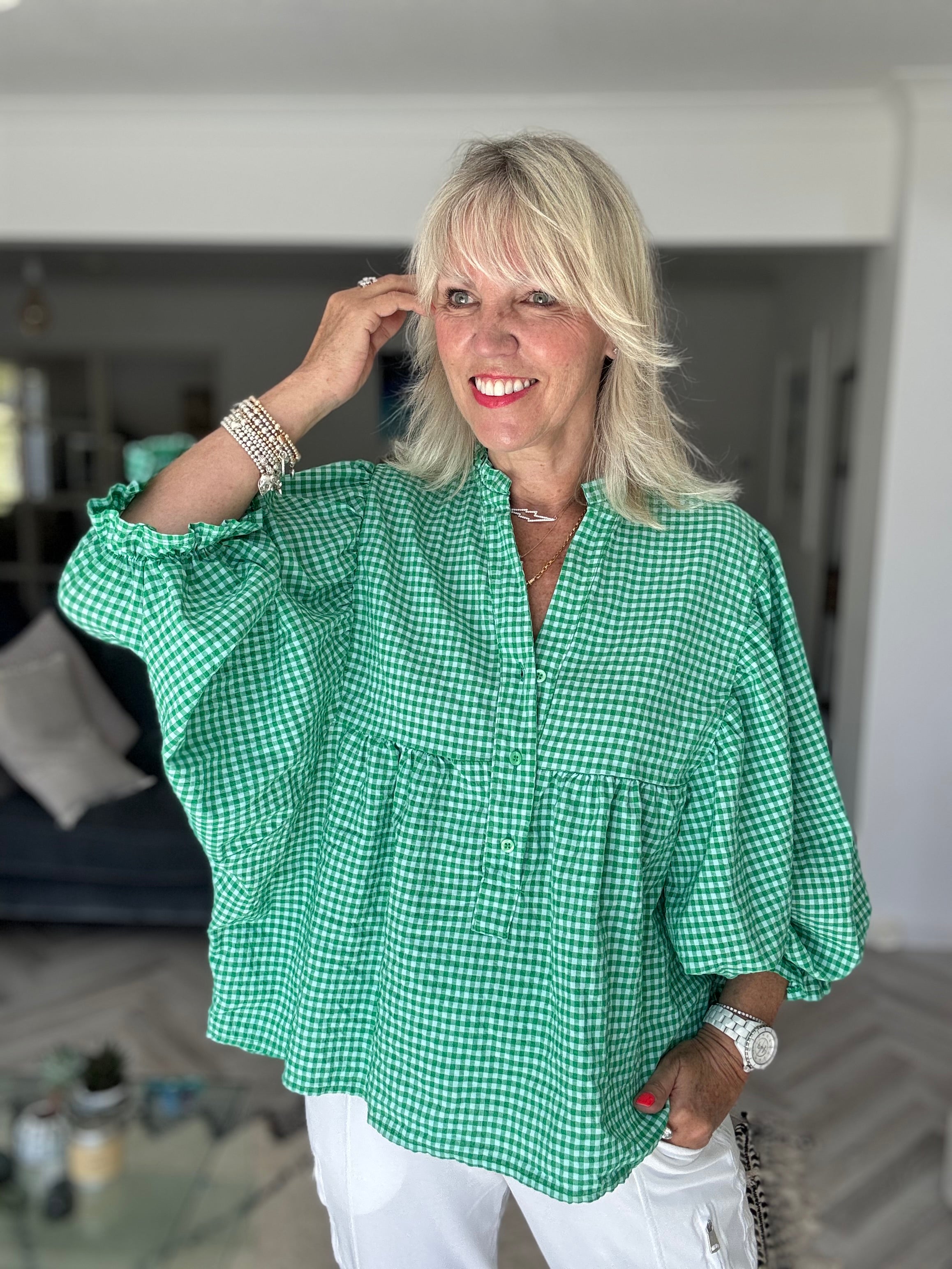 Gingham Seersucker Blouse in Green