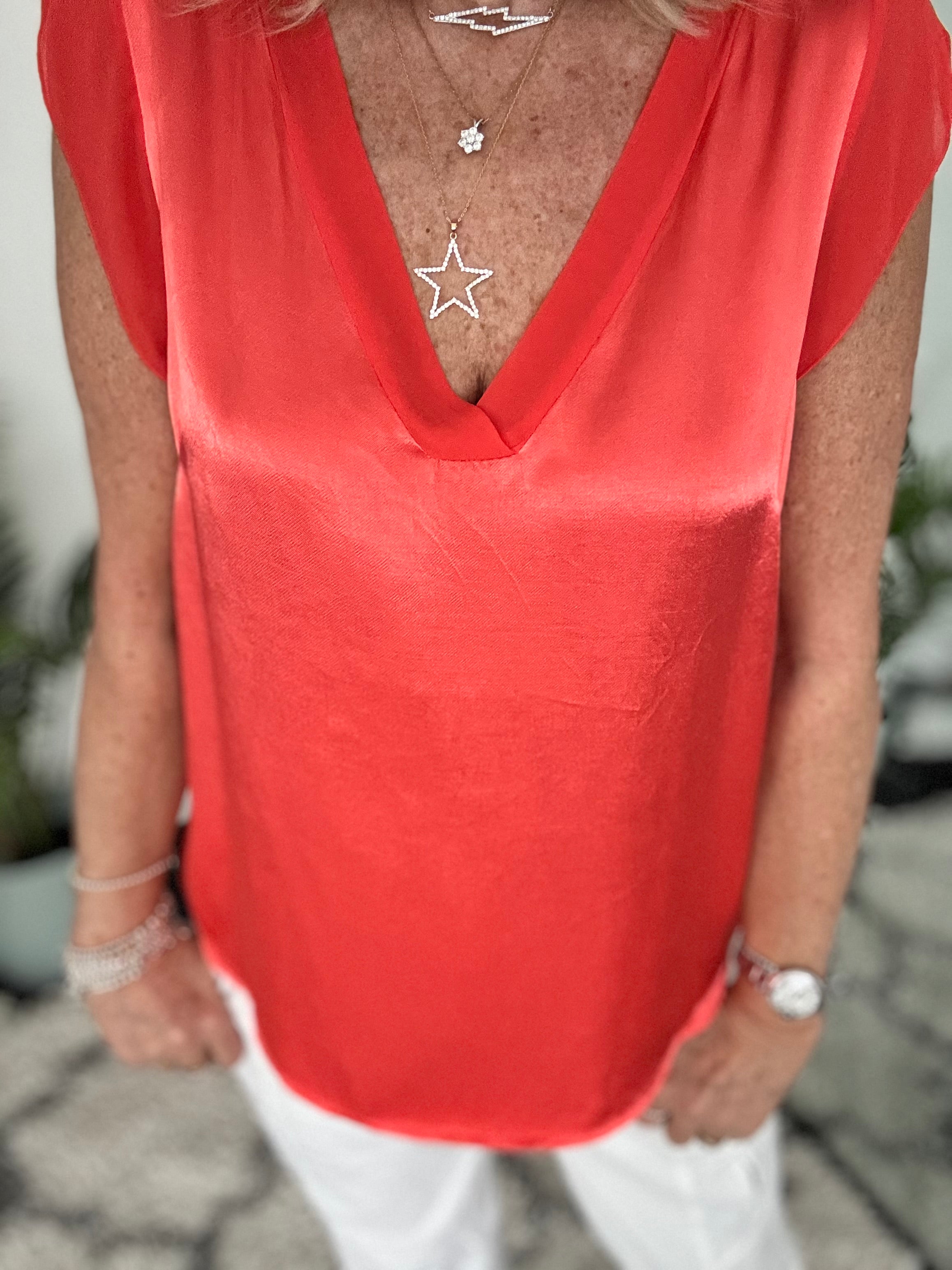 Silky V Neck Tank in Coral