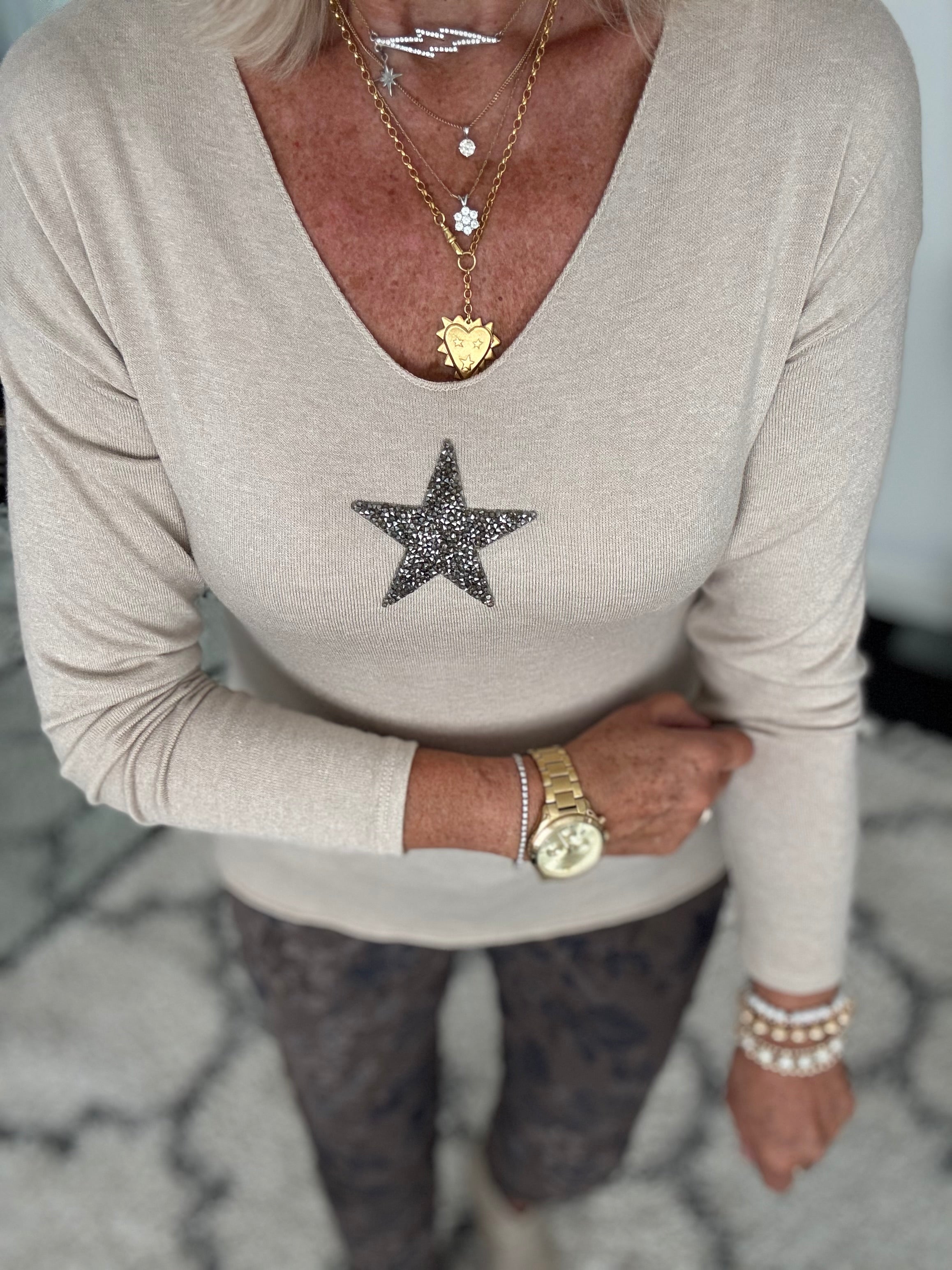 Slimfit Glitter Star Jumper in Stone