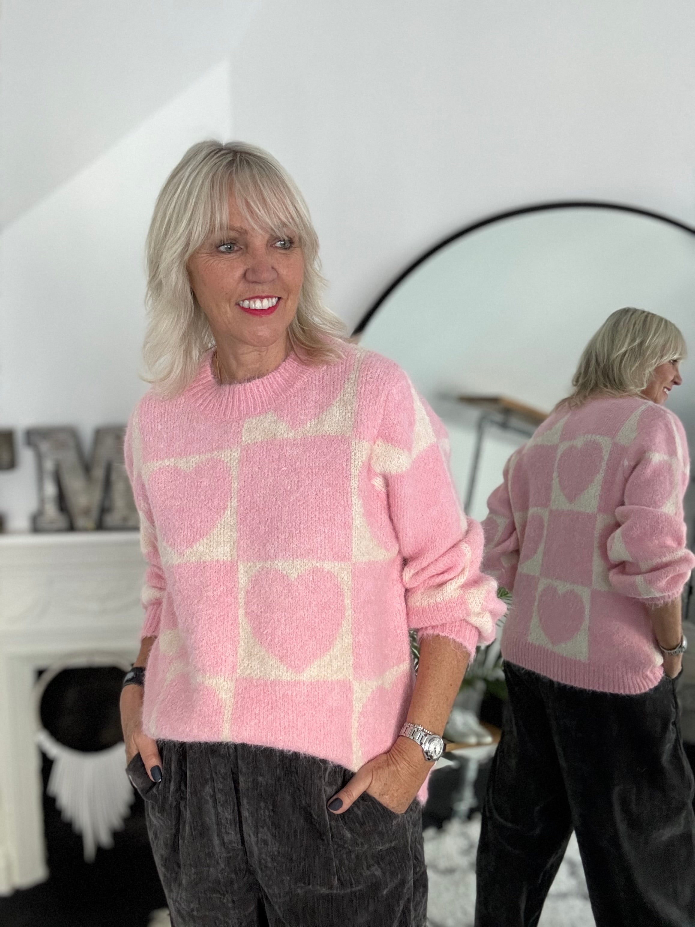 Heart & Squares Sweater in Pink & Ecru