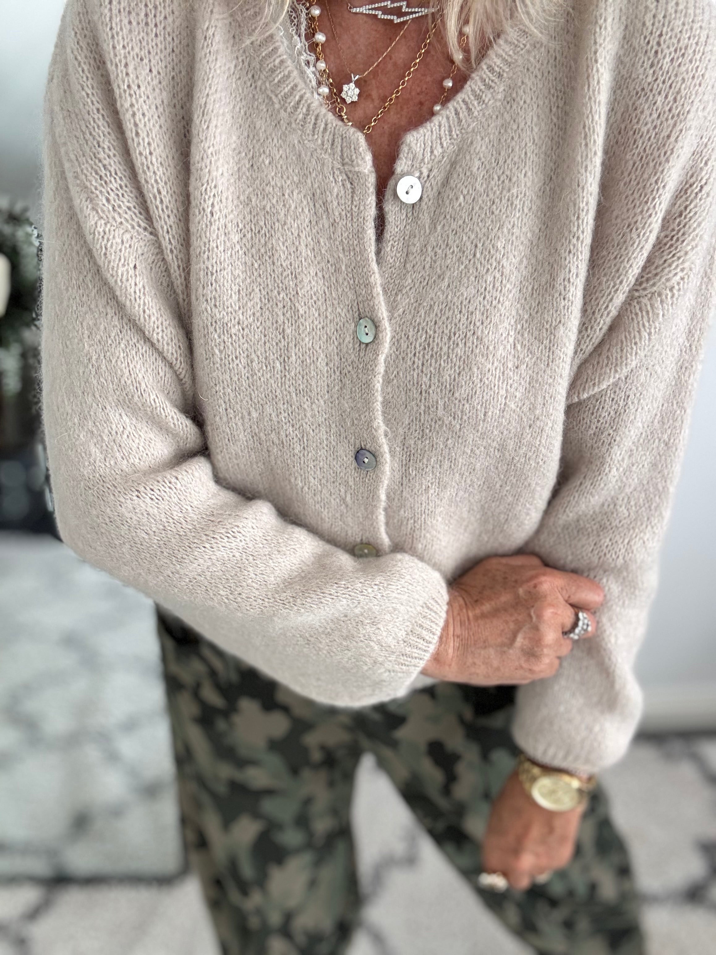 Mohair Buttoned Cardi in Stone