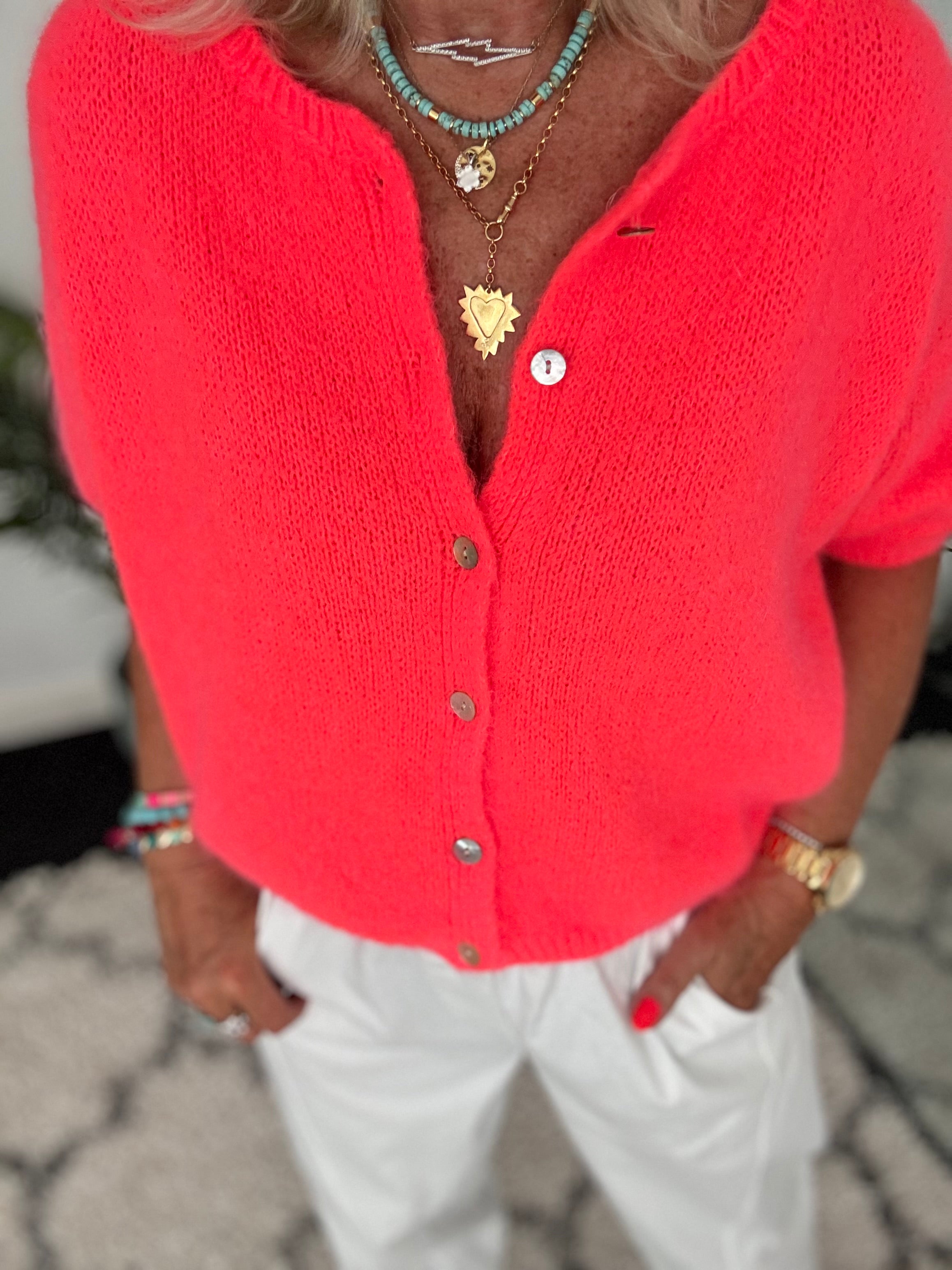 Super Soft Short Sleeve Cardi in Neon Coral
