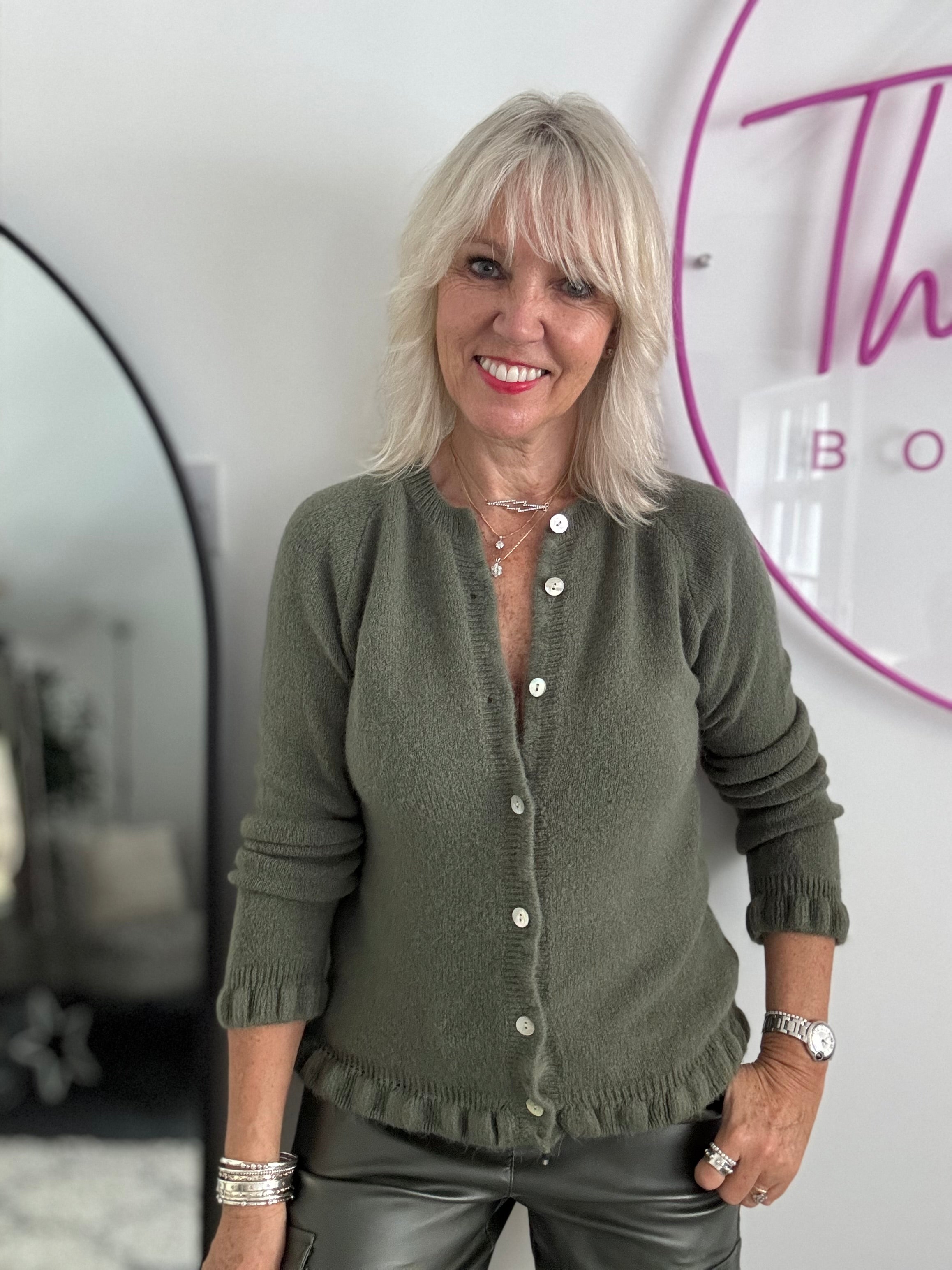 Alpaca Cardi with Frill Hems in Khaki