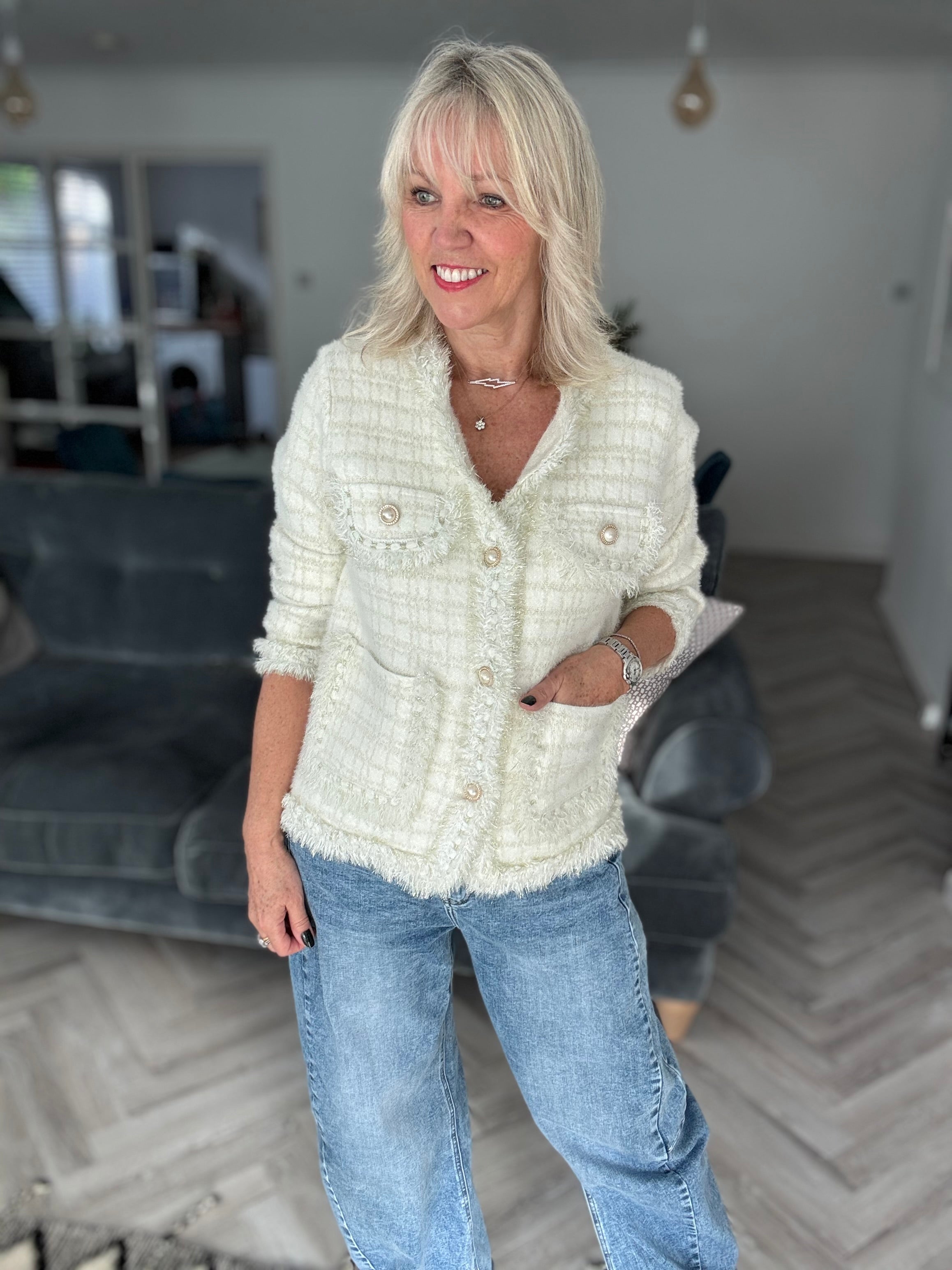 Pearl Button & Tweed Cardi Jacket in Ivory & Gold