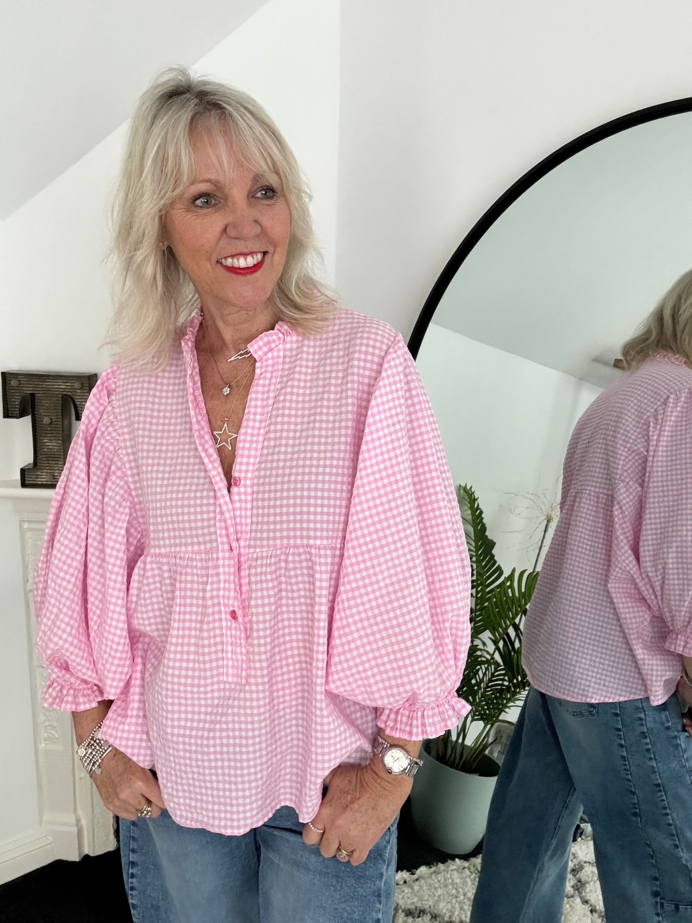 Gingham Seersucker Blouse in Candy Pink