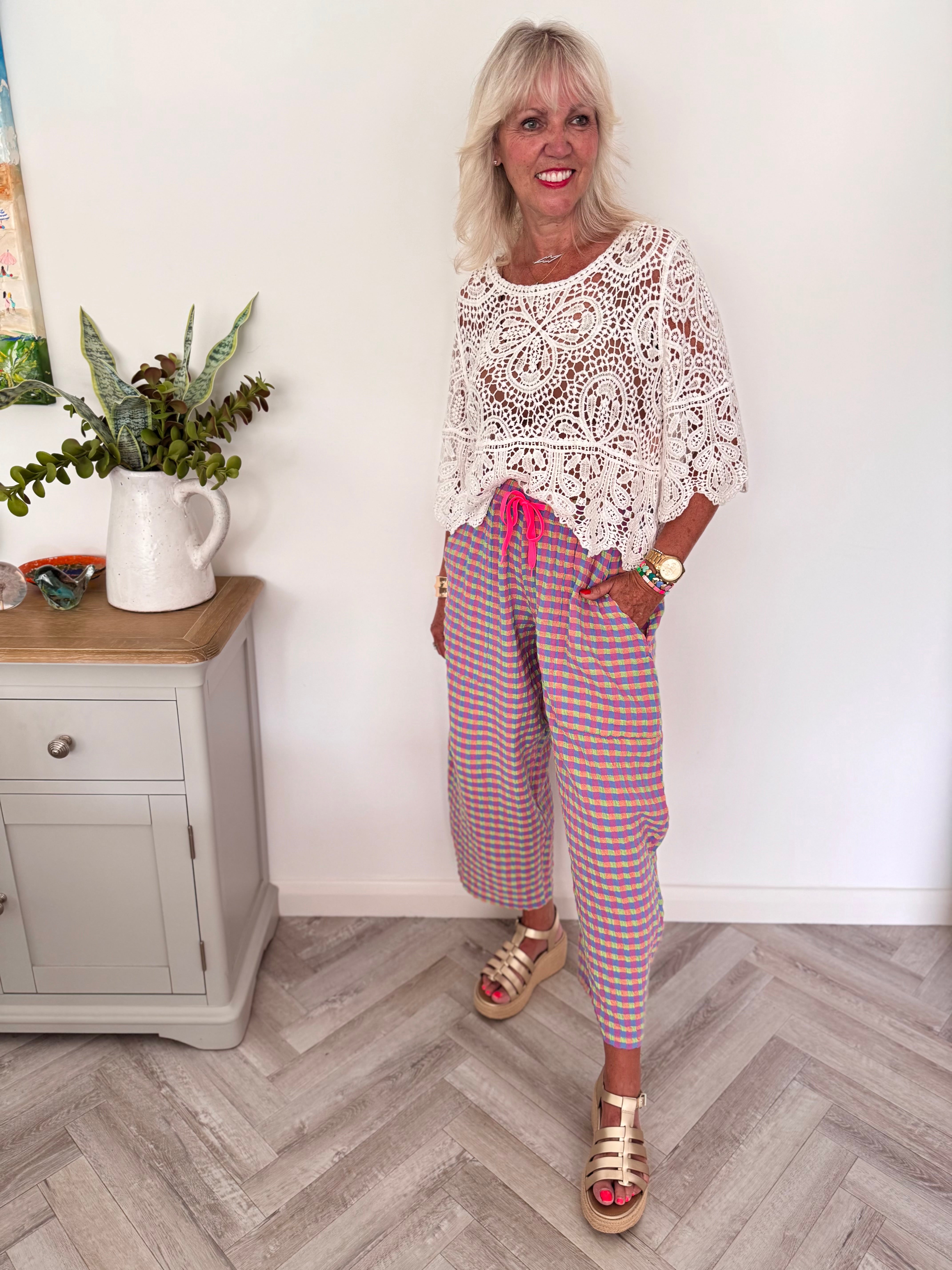 Barrel Check Trousers in Pink & Lime