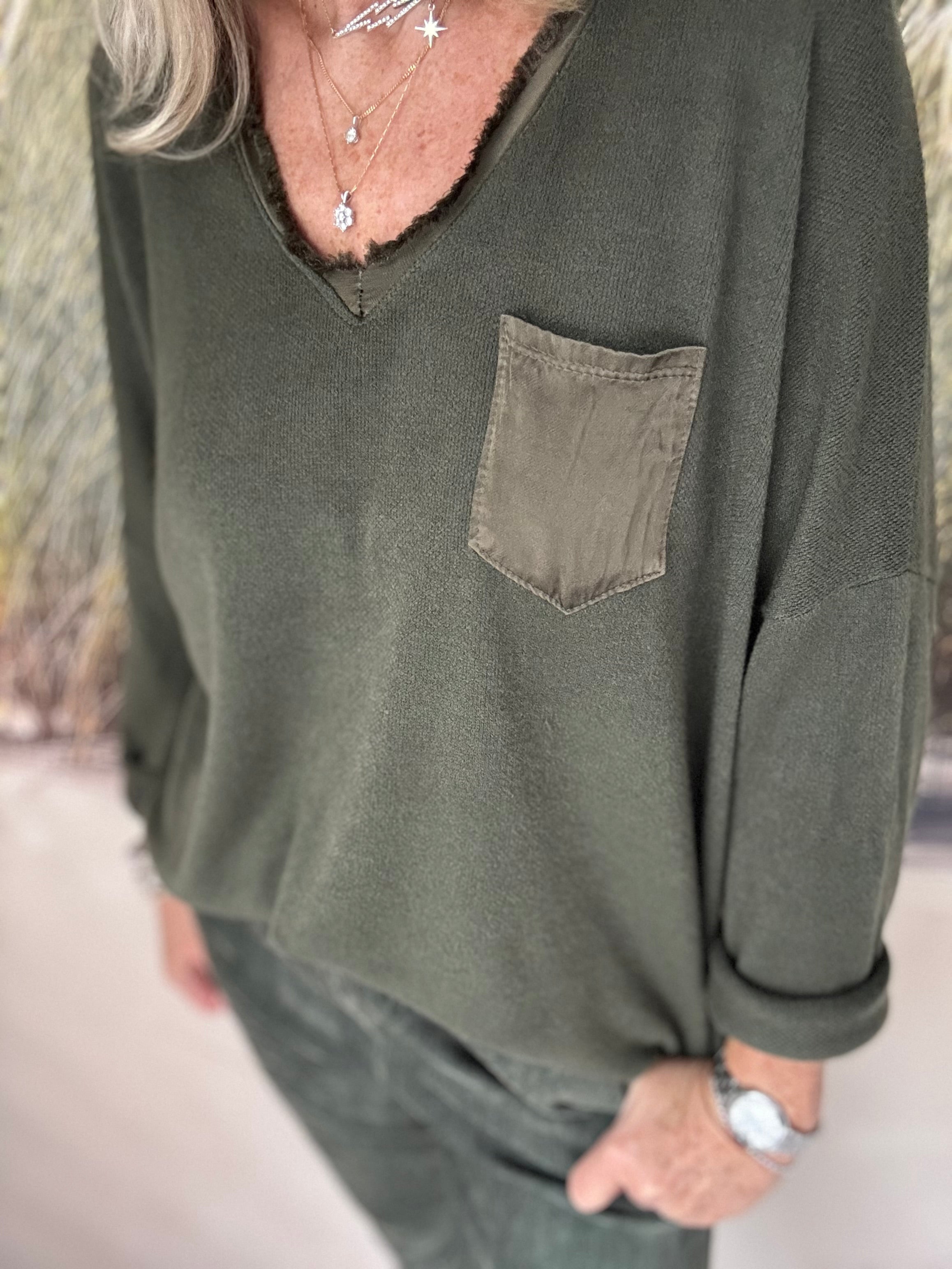 Long Sleeve Knit with Silky Pocket in Khaki