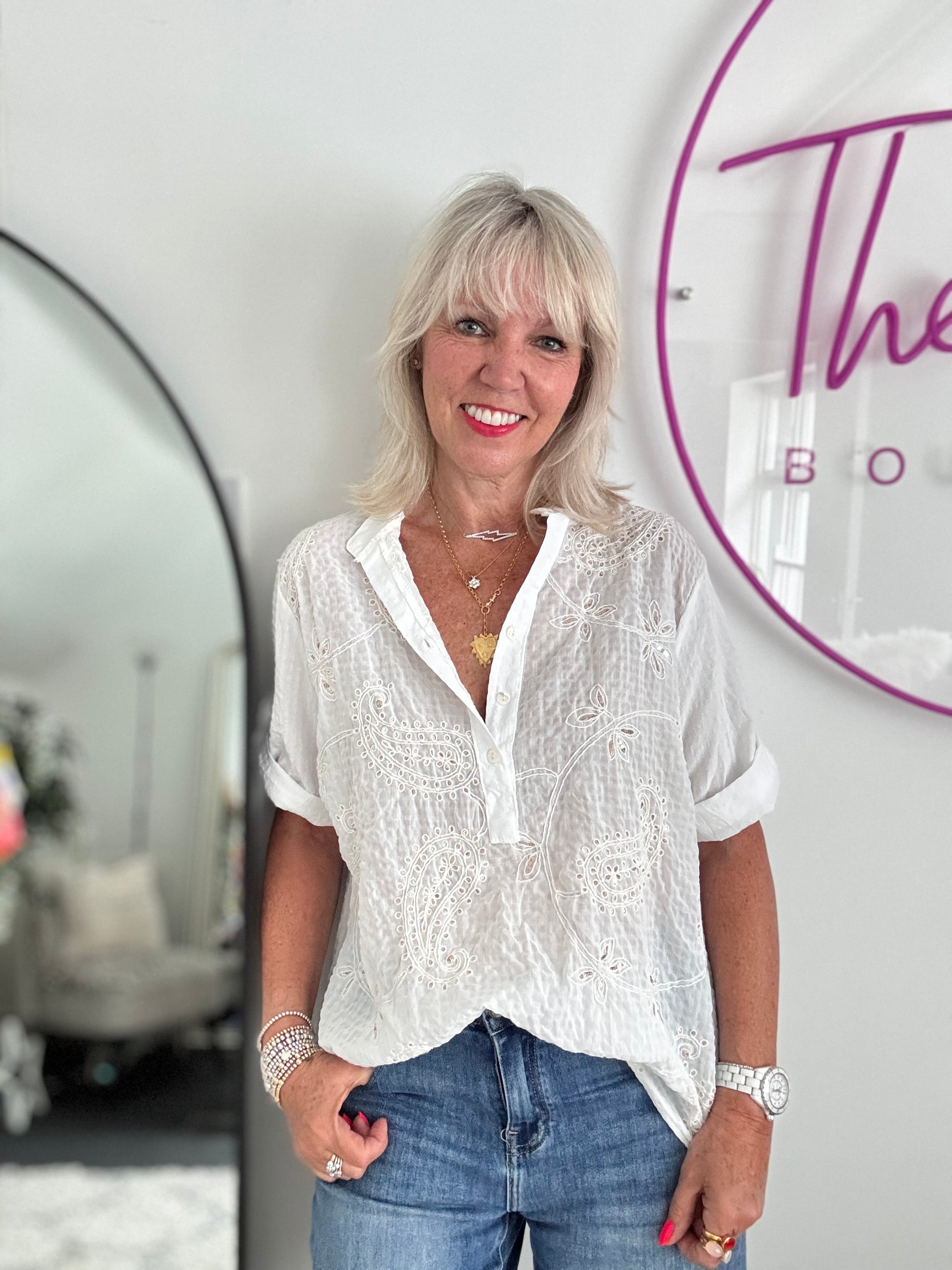 Seersucker Blouse with Paisley Design in Ivory & Gold
