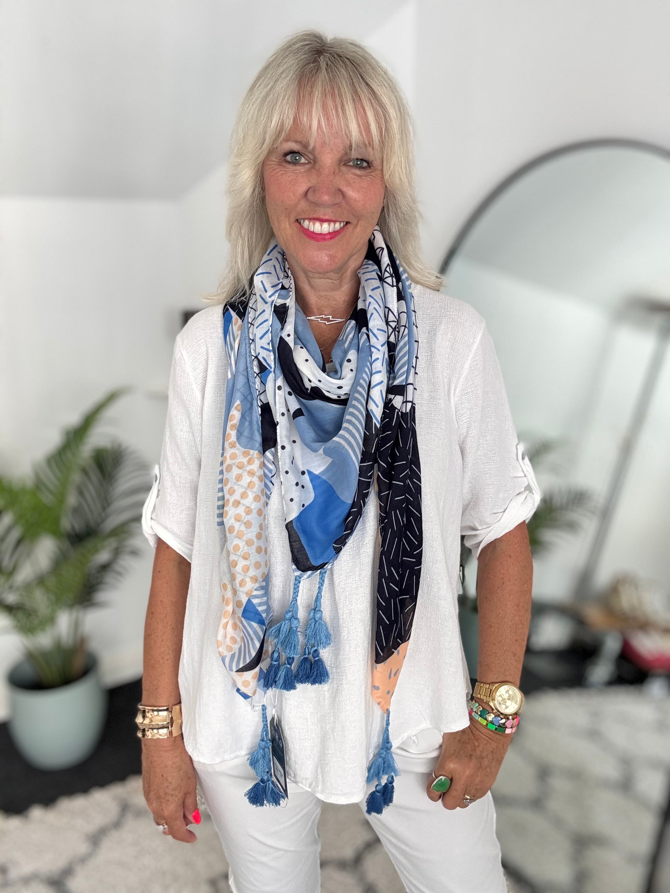 Patterned Square Scarf with Tassels in Blue