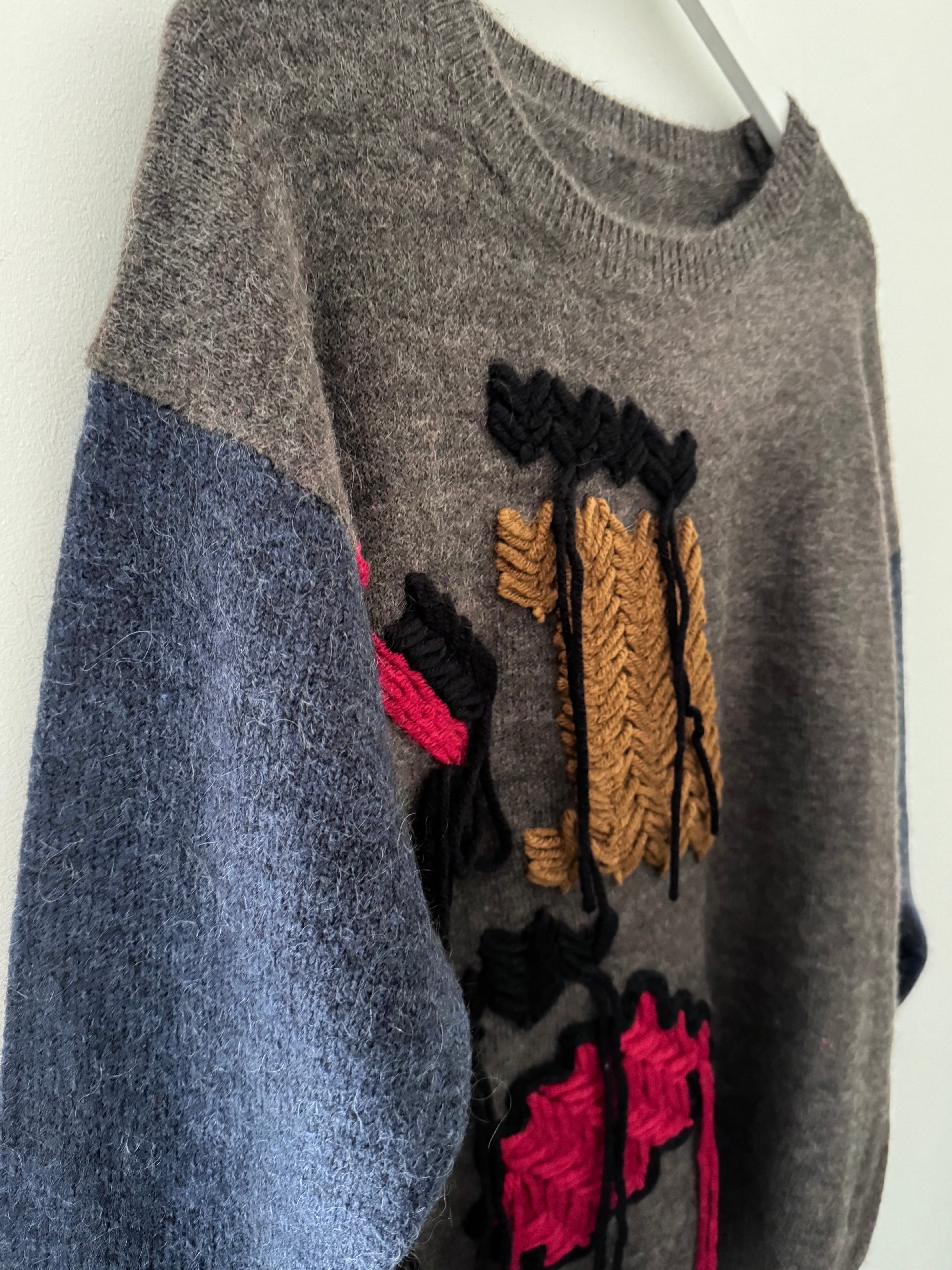 Fringe Cable Knit Jumper in Cocoa & Blue