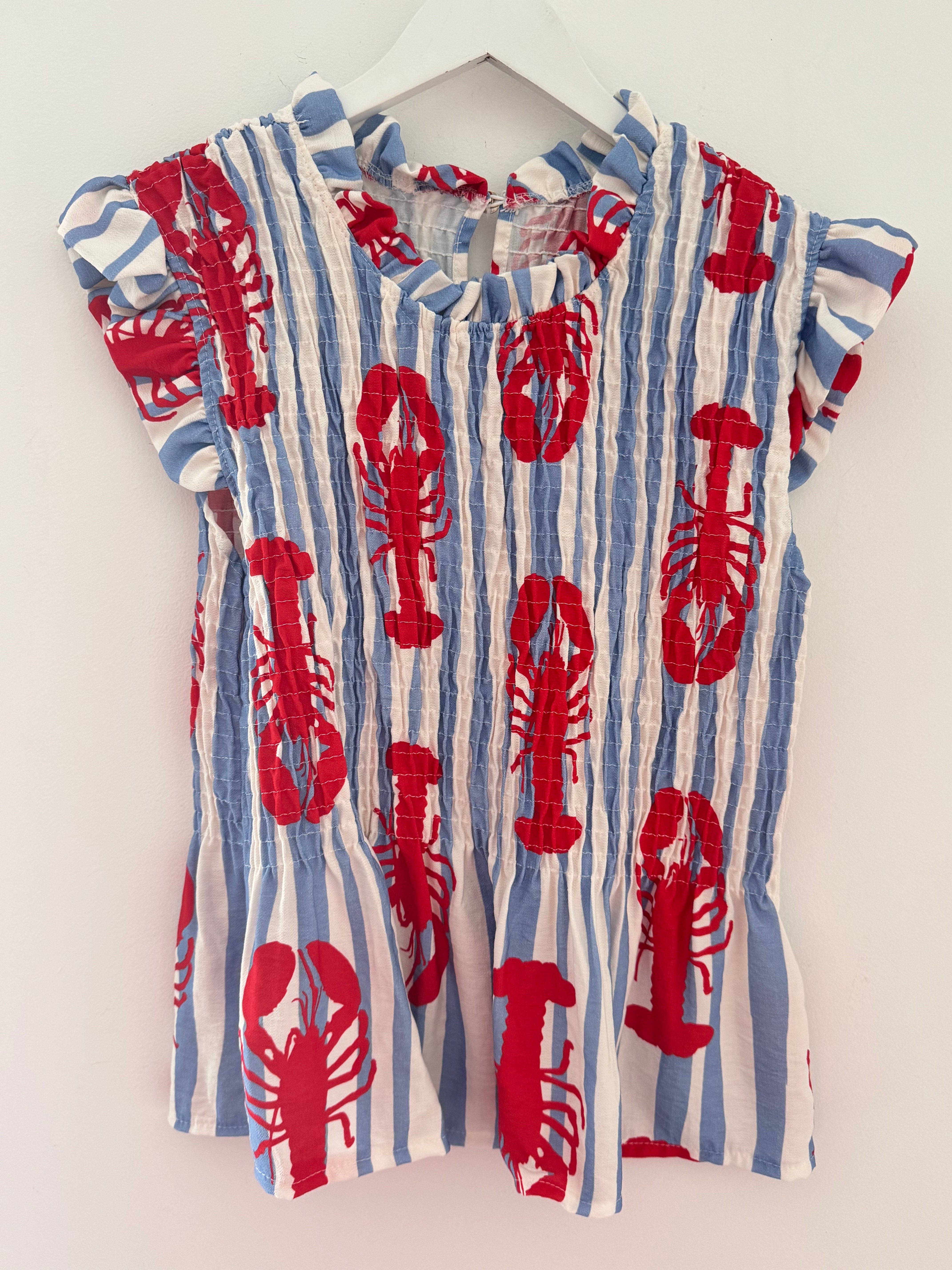 Shirred Lobster Top in Blue & Red