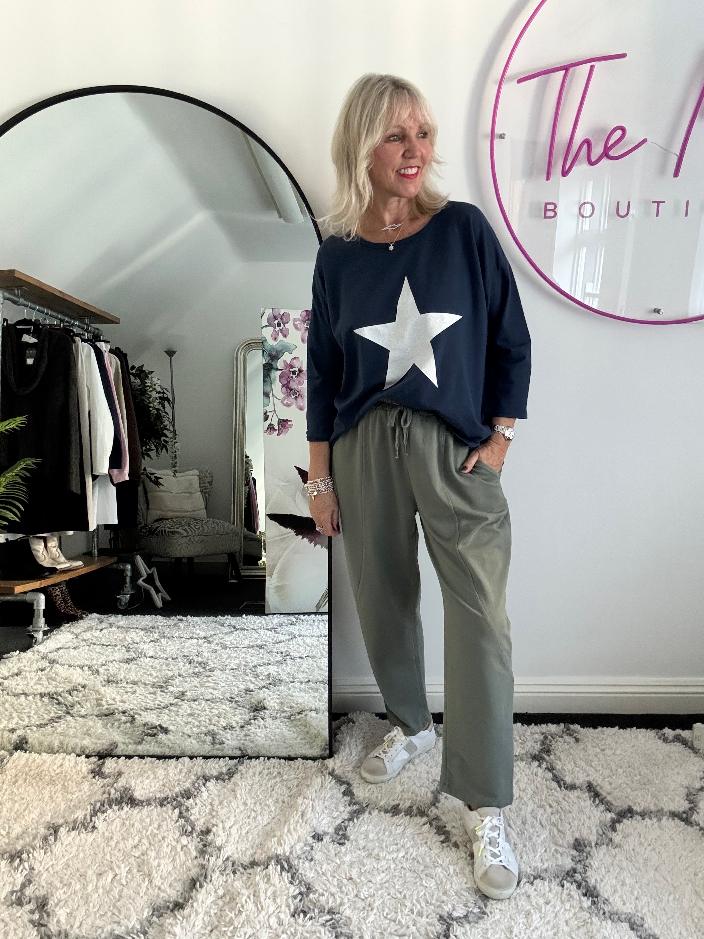 Stretch Jersey Trousers with Topstitching in Khaki