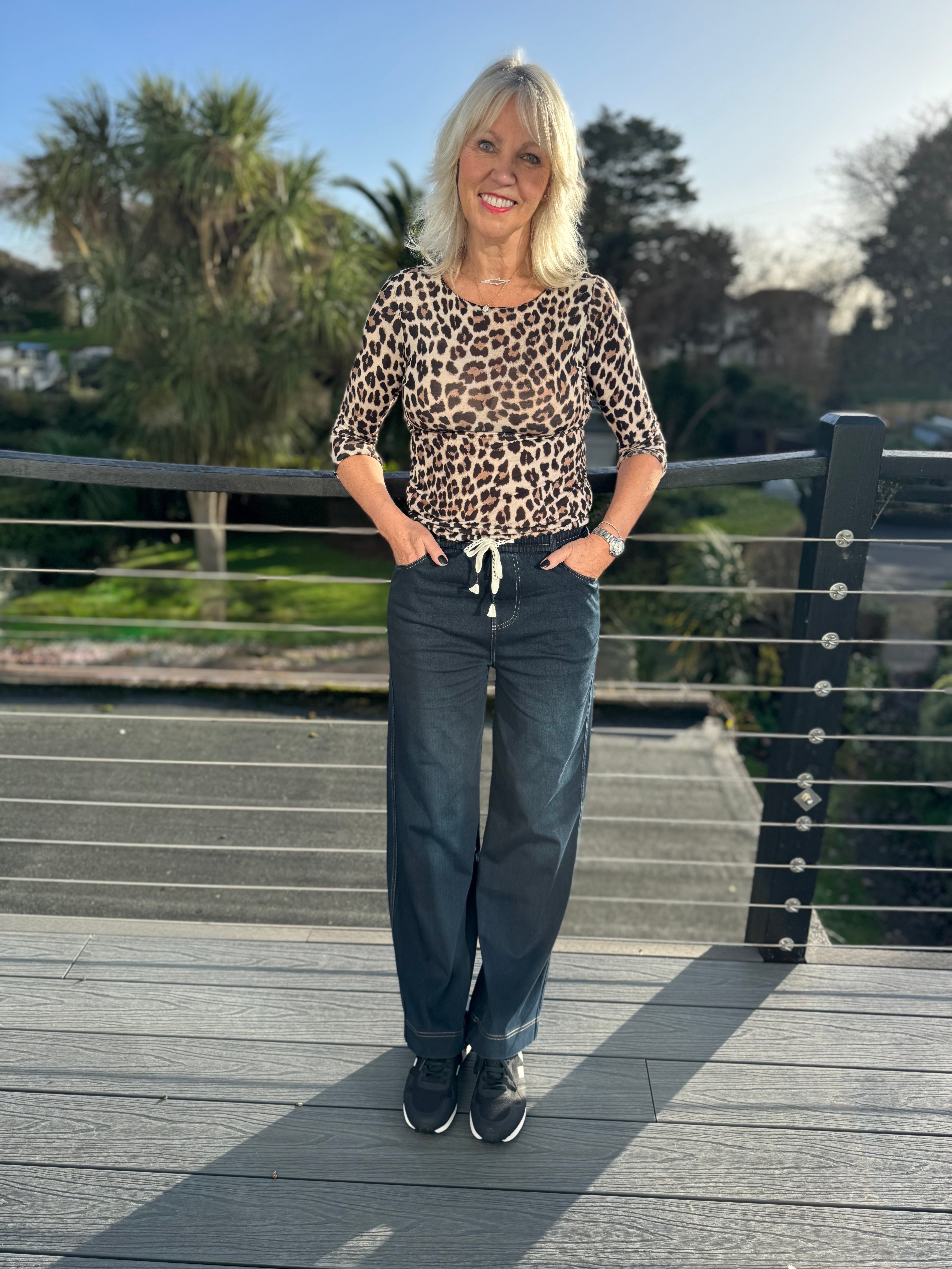 Stretch Wide Leg Joggers in Dark Denim