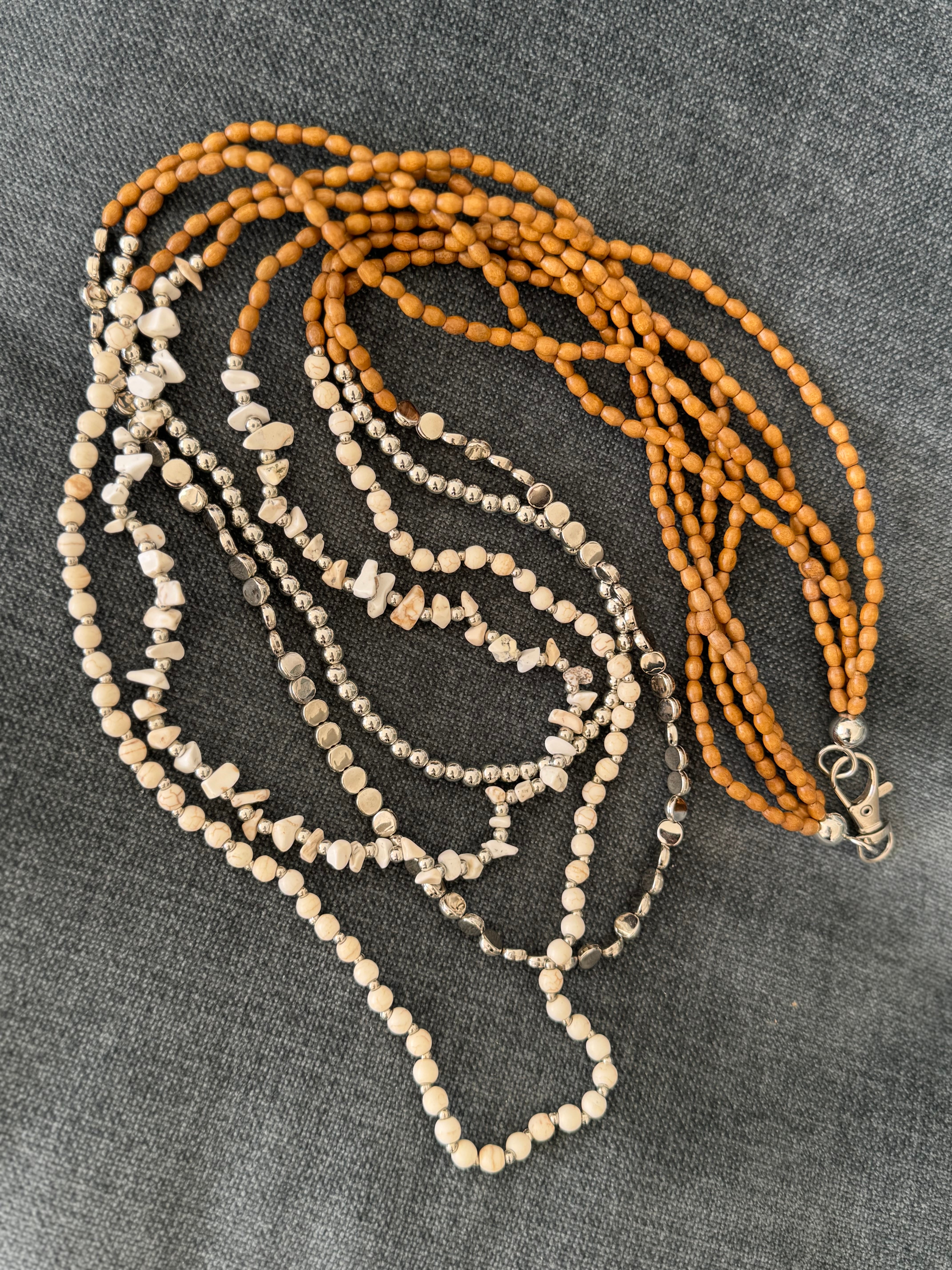 Multi Strand Bead Necklace in Tan, Silver & Ecru