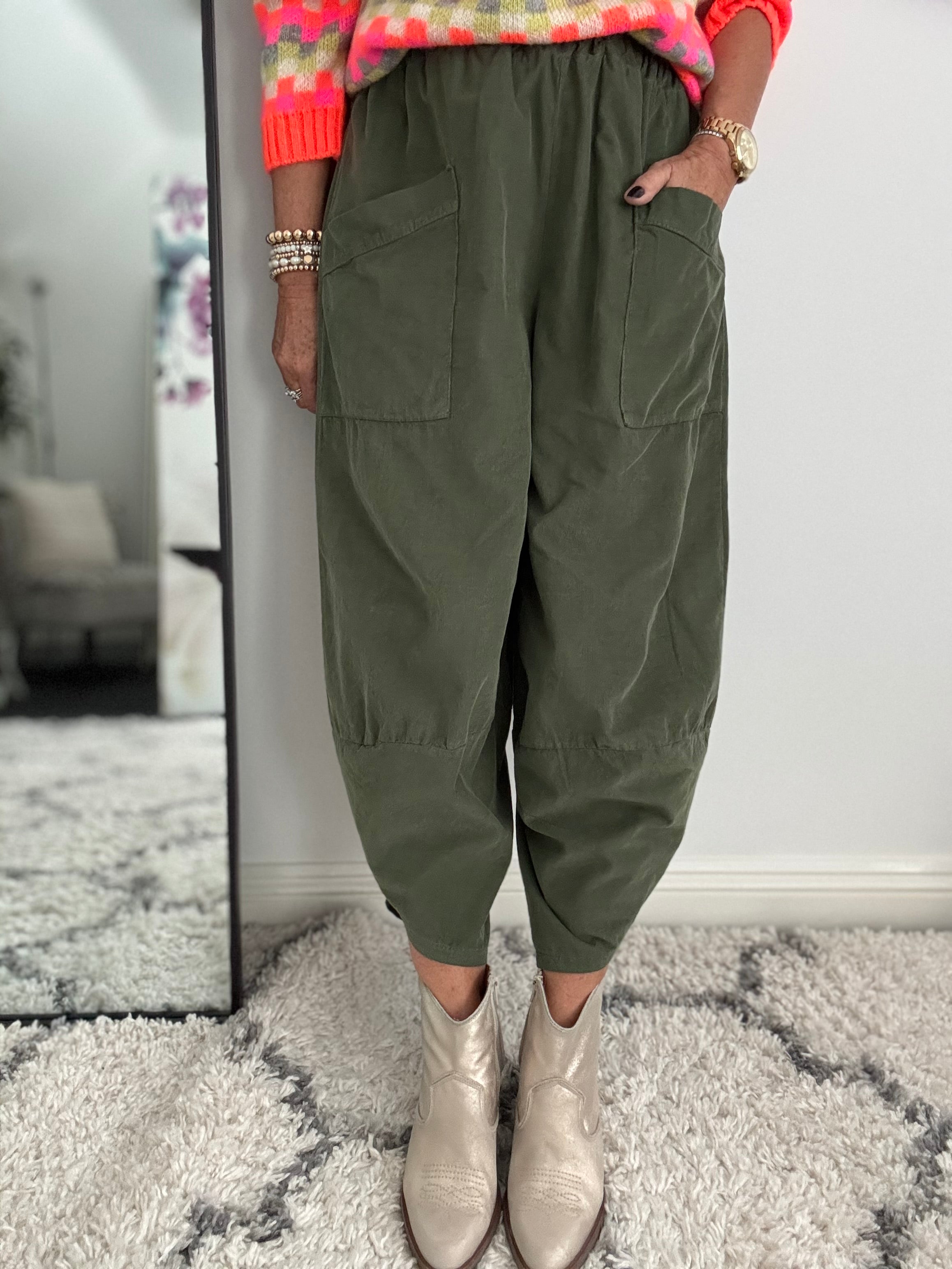 Cord Barrel Leg Trousers in Khaki
