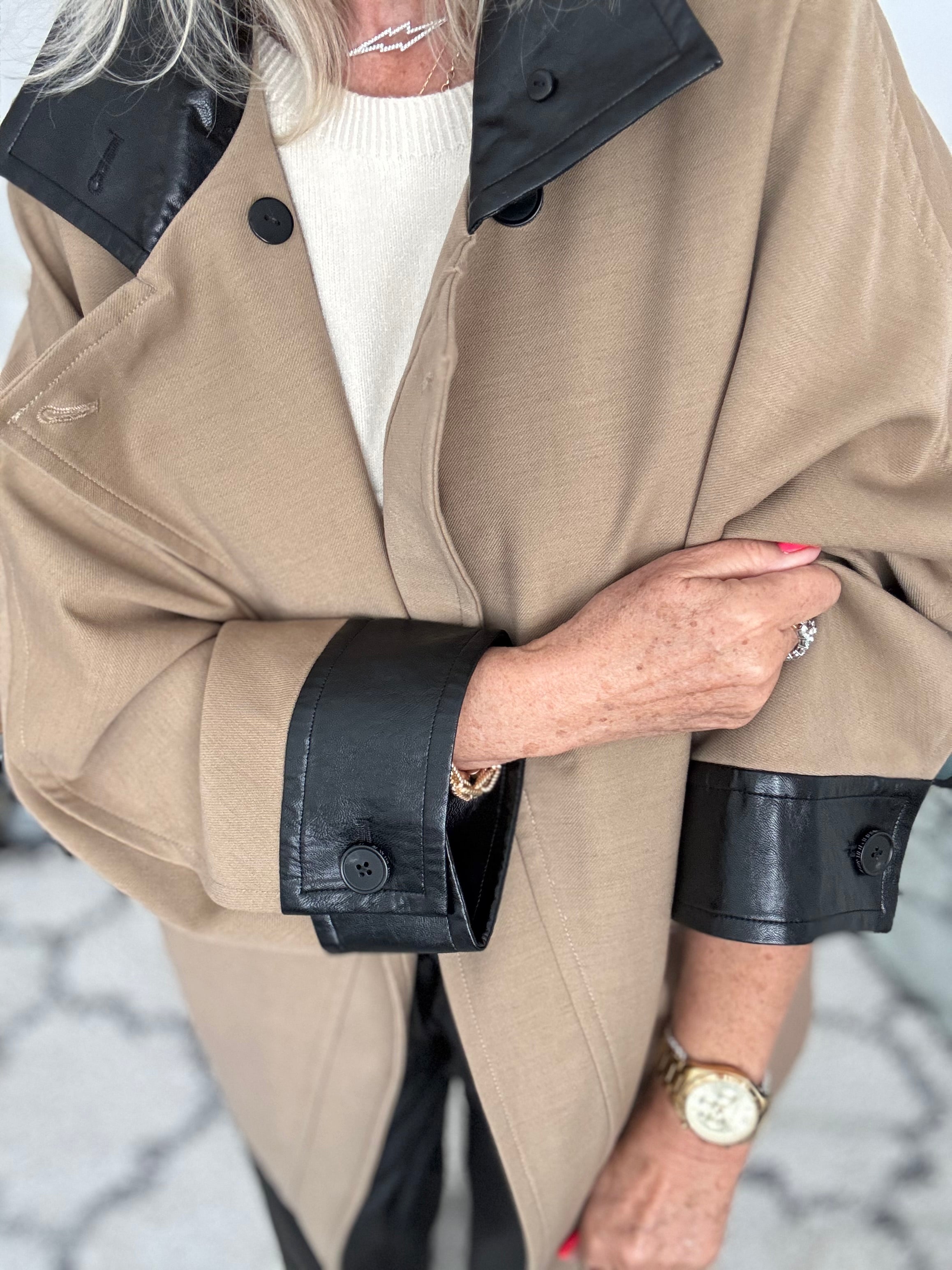 Trench Jacket with Leather Collar & Cuffs