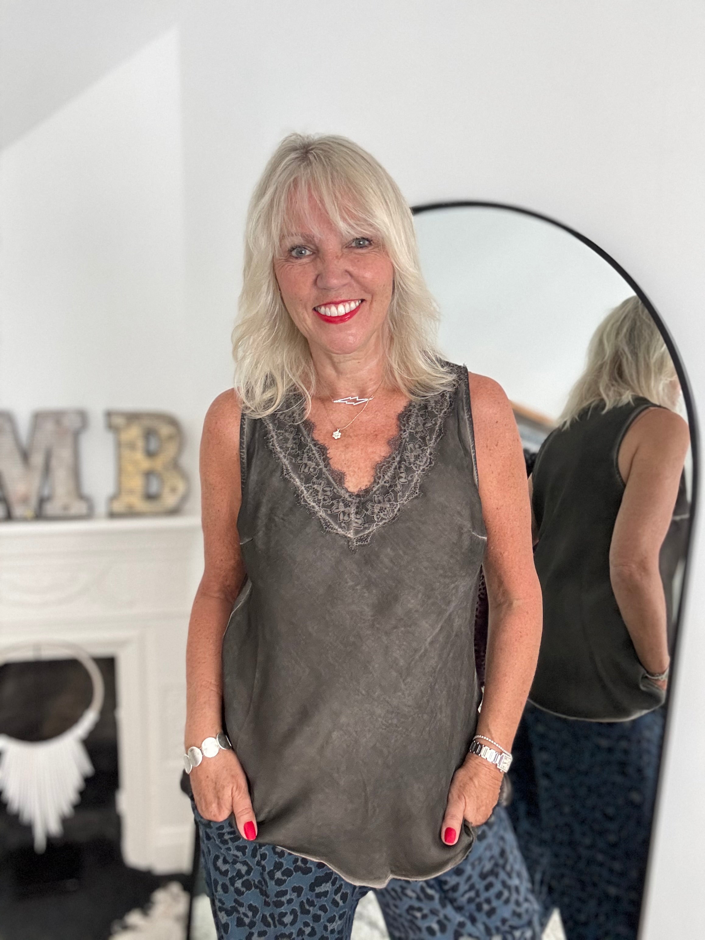 Lace Trim Silk Top in Cocoa