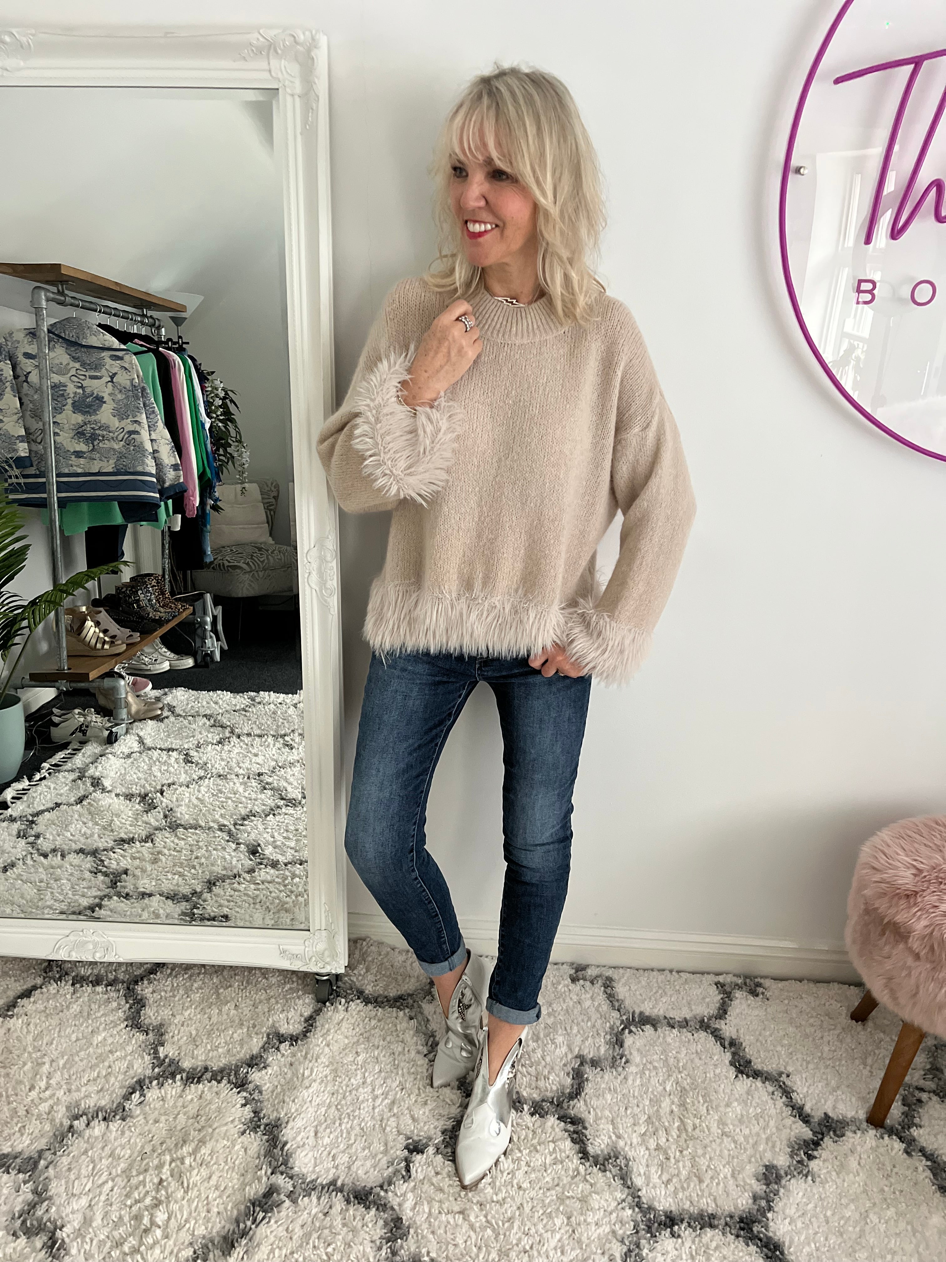 Luxe Fringe Round Neck Sweater in Stone