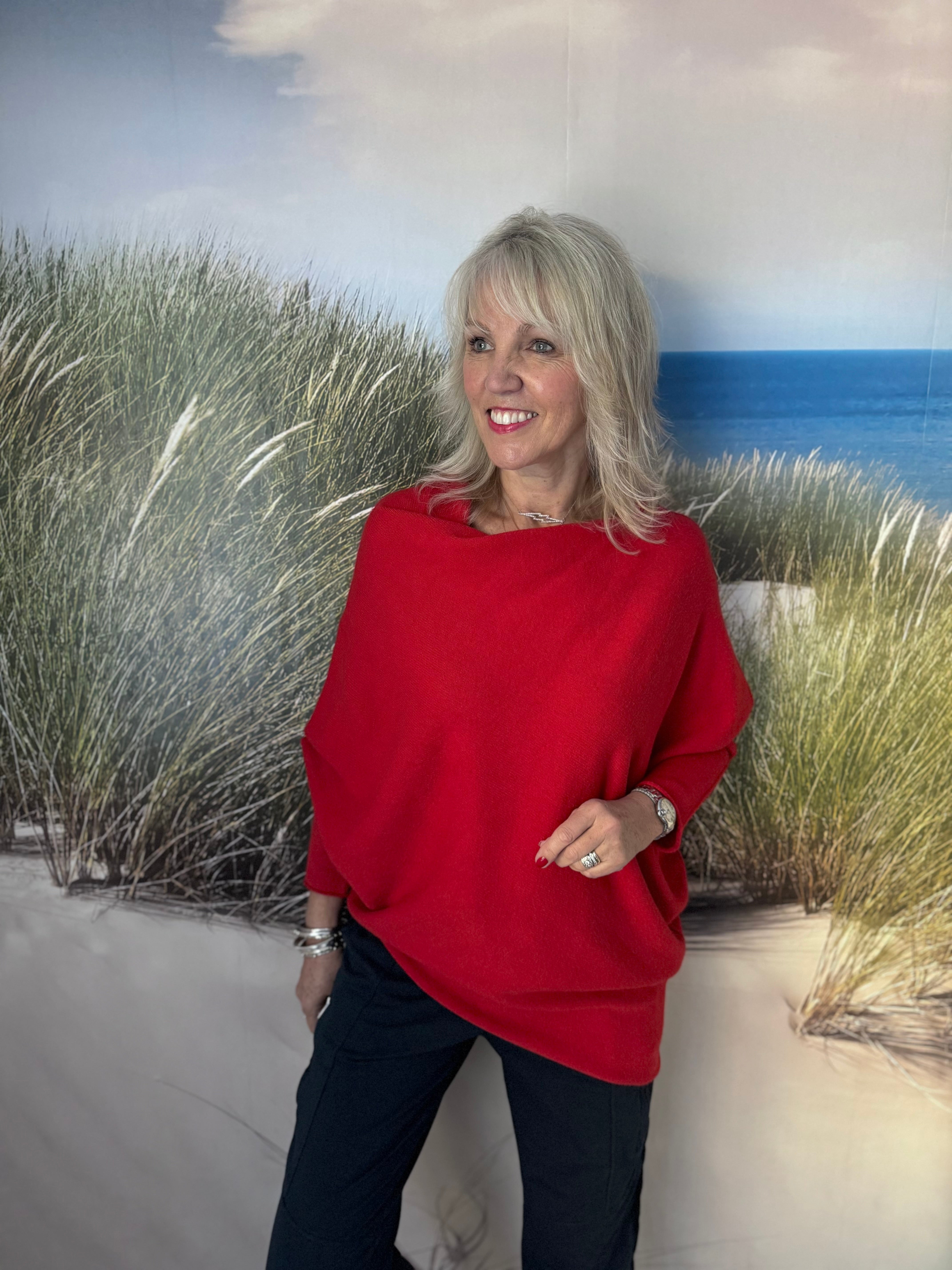 Cowl Neck Asymmetric Jumper in Red