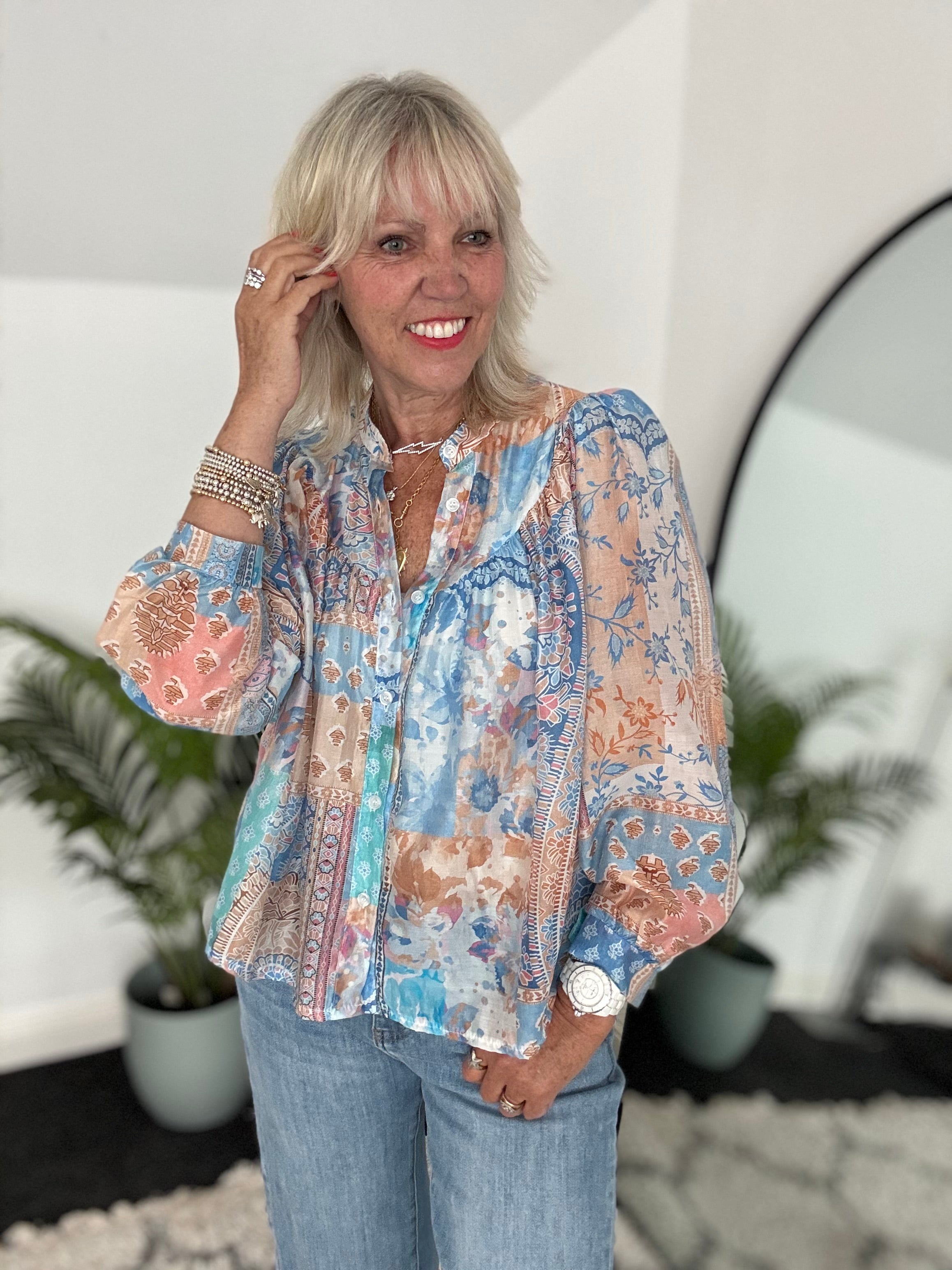 Patchwork Shirt in Blue & Pink