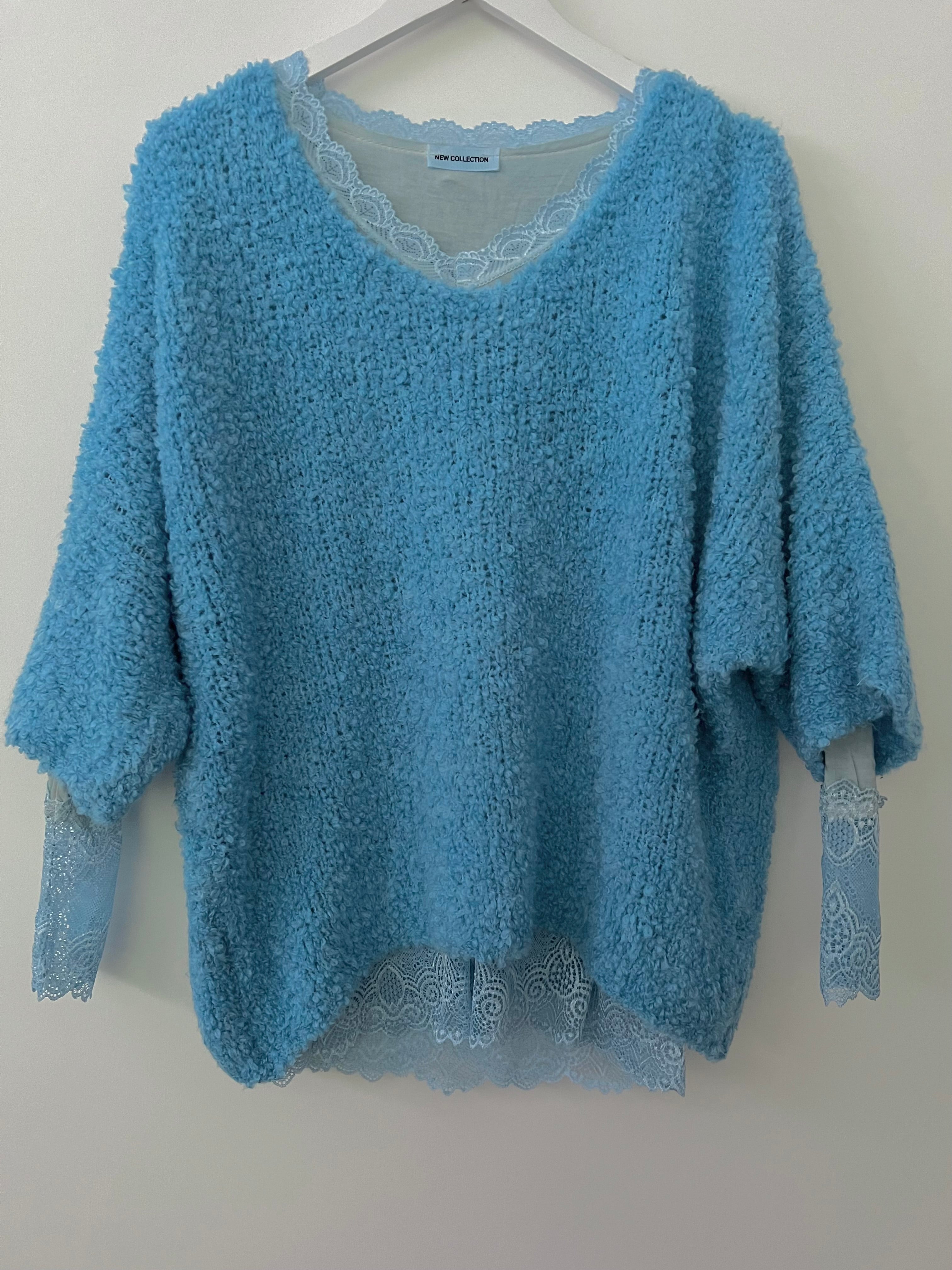 Cropped Sleeve Boucle Knit in Blue