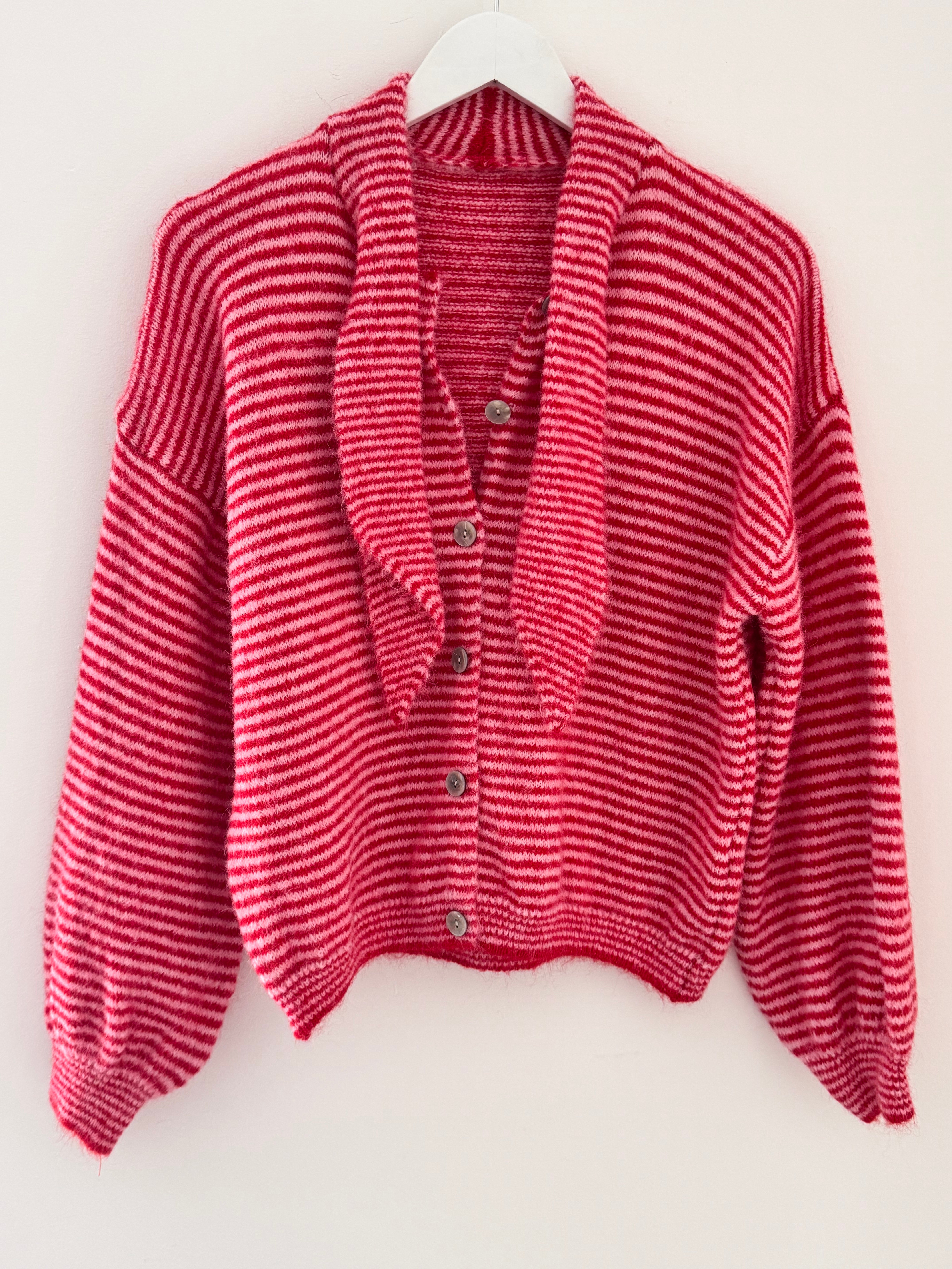Neck Tie Stripe Cardi in Pink & Red