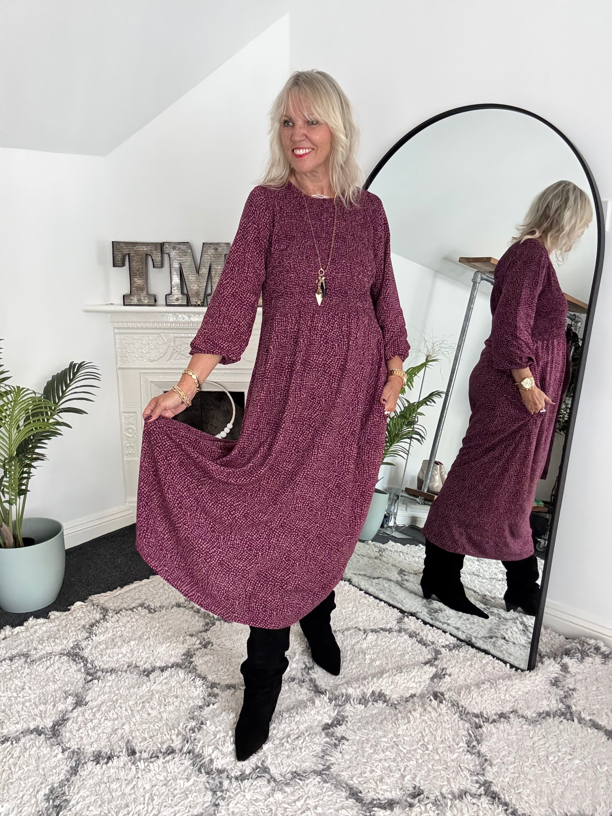 Shirred Dress in Plum