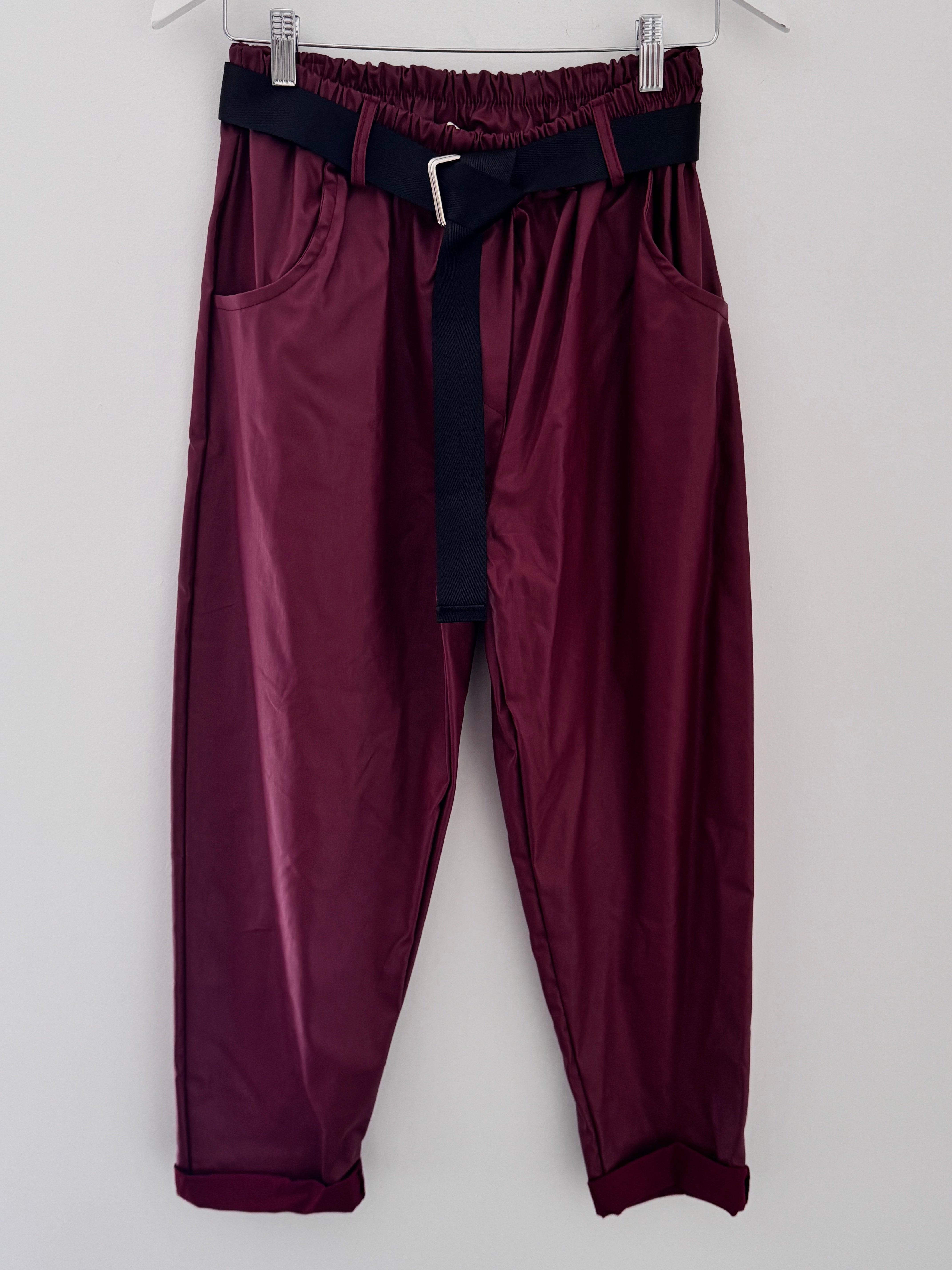 Super Stretch Waxed Barrel Trousers in Berry