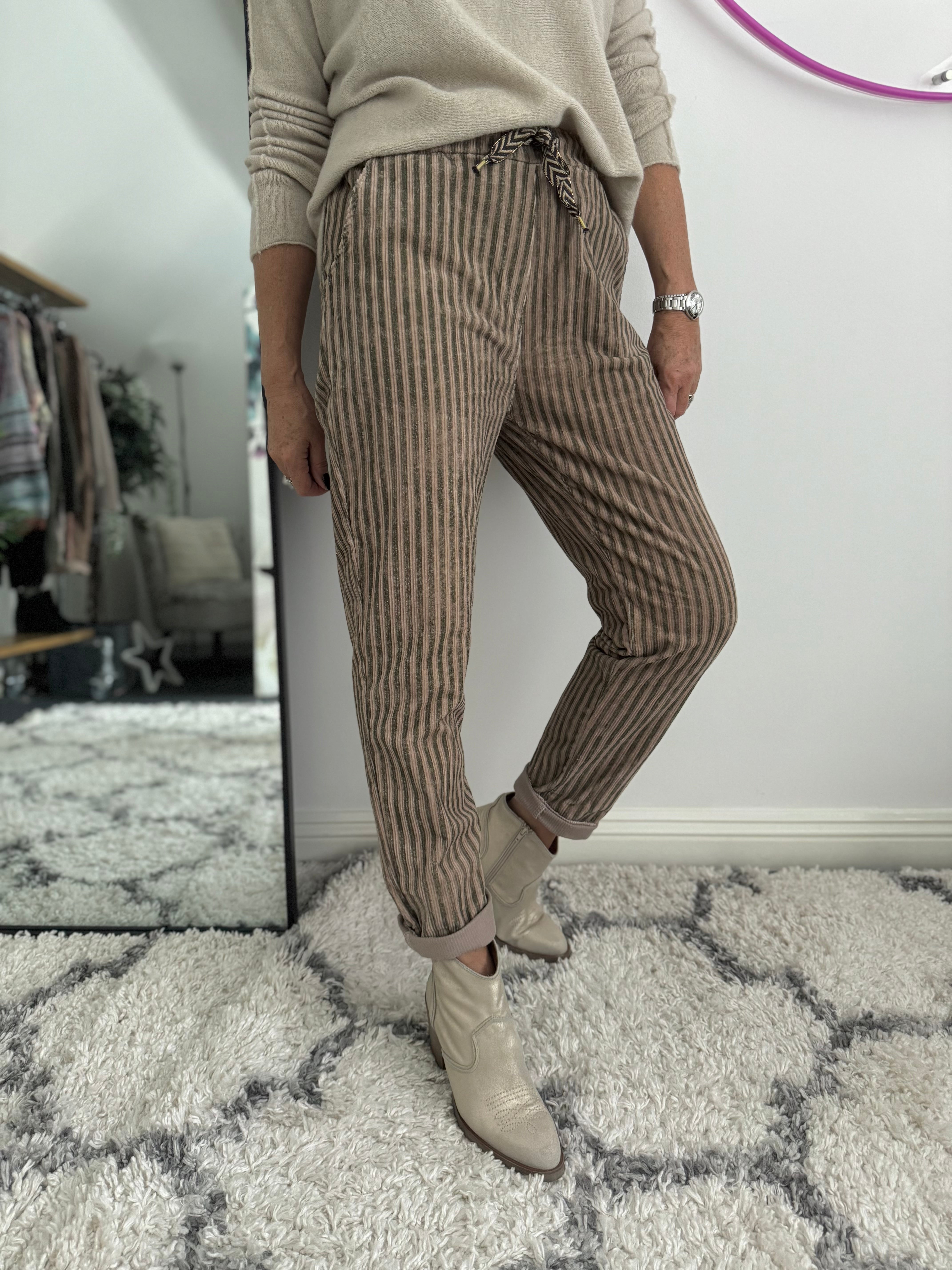 Chenille Cord Joggers in Mocha & Khaki Stripe