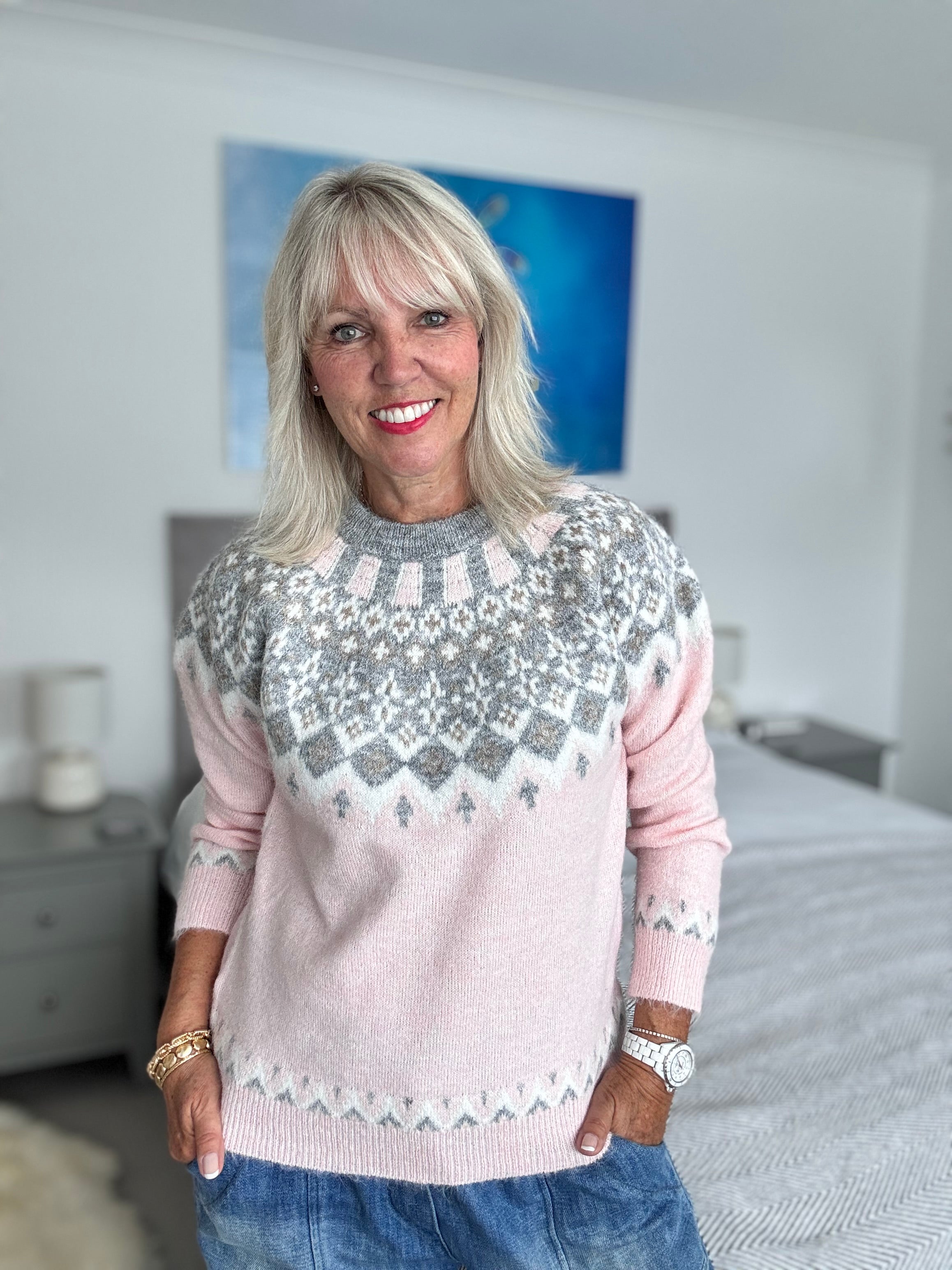 Soft Fair Isle Jumper in Pink & Grey