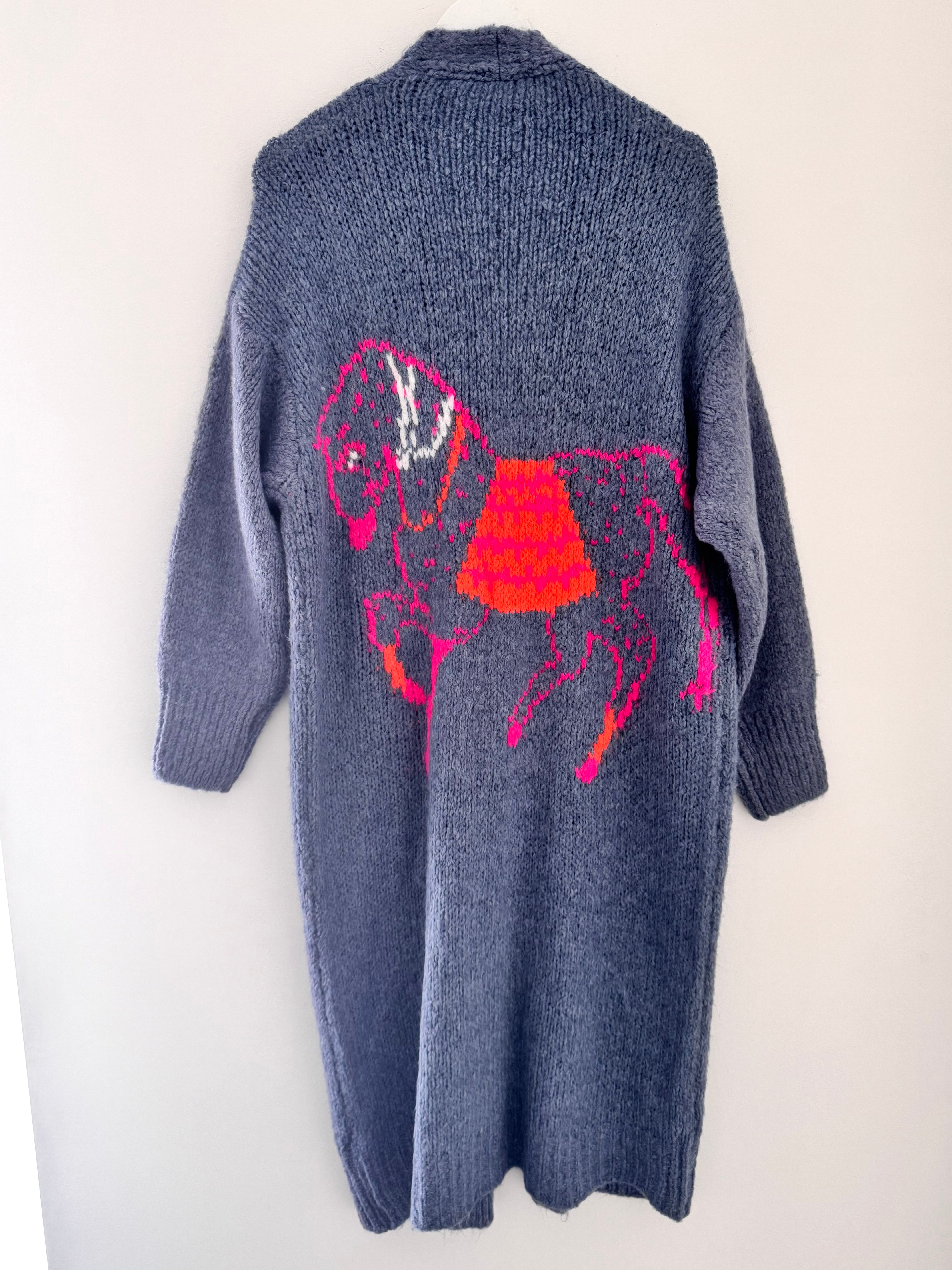 Luxe Neon Horse Cardi in Denim Blue