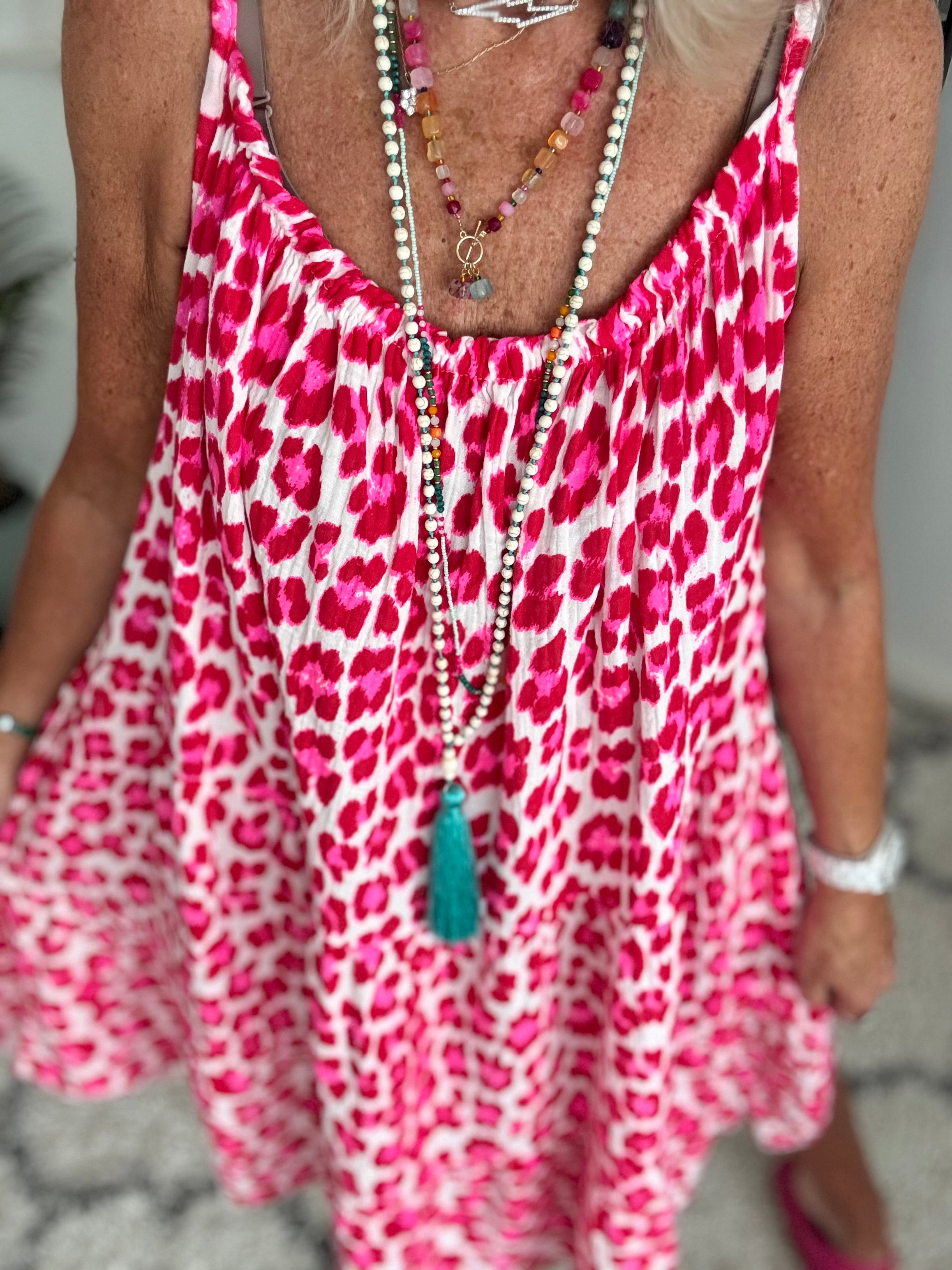 Leopard Cheesecloth Dress in Red & Pink