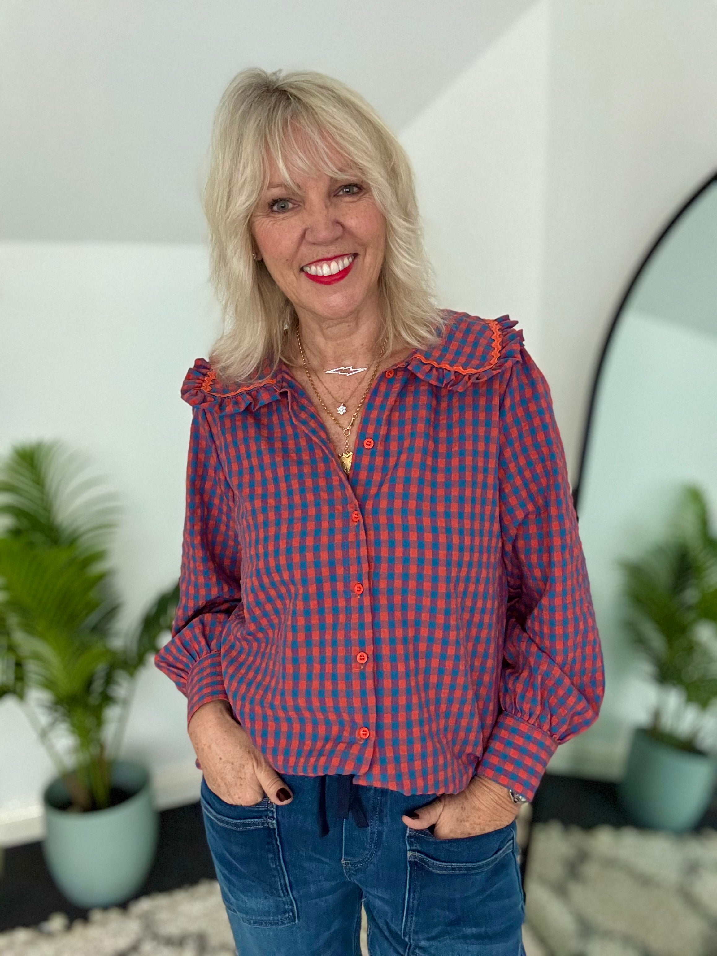 Collared Check Shirt in Orange & Blue