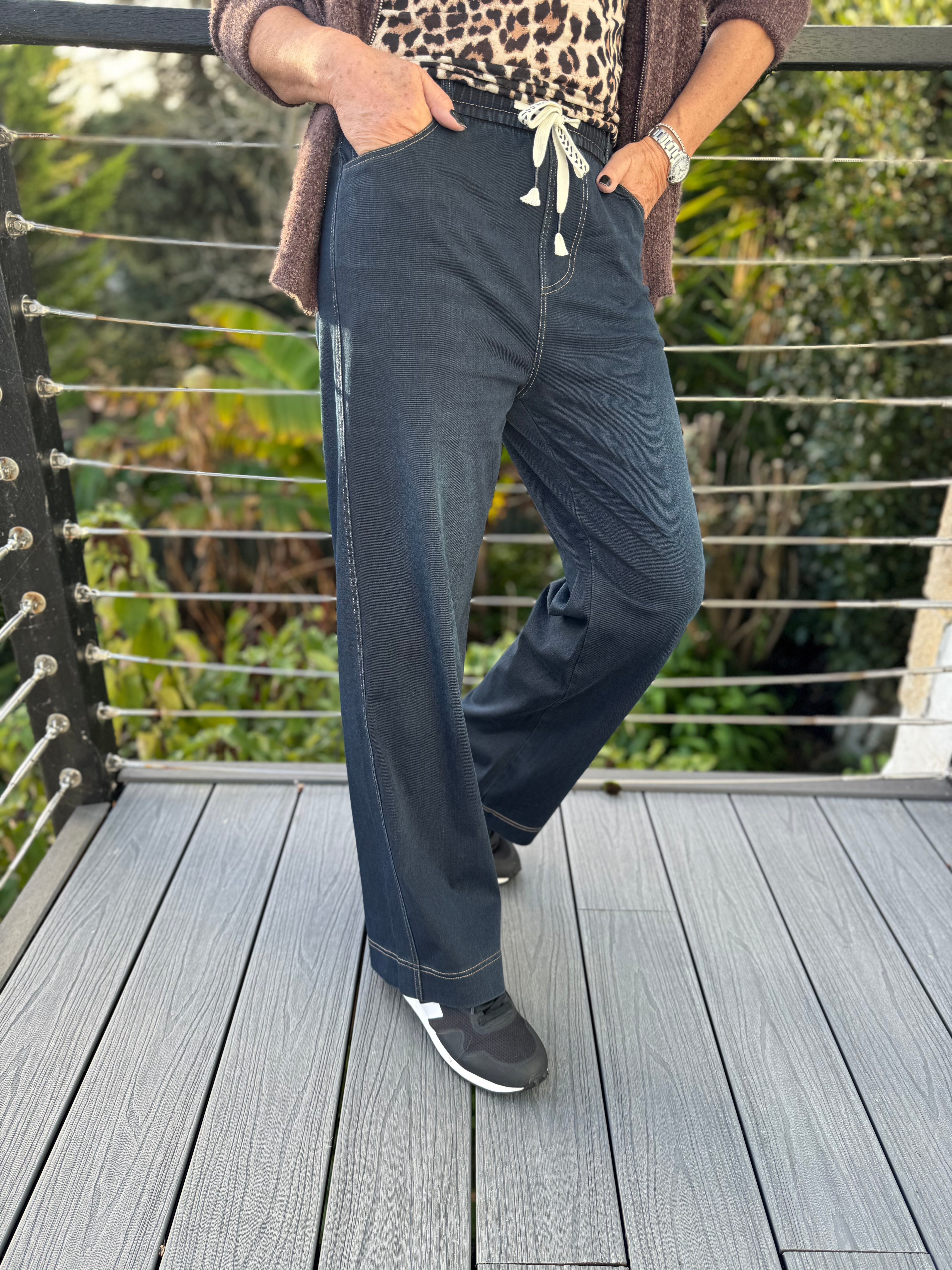 Stretch Wide Leg Joggers in Dark Denim