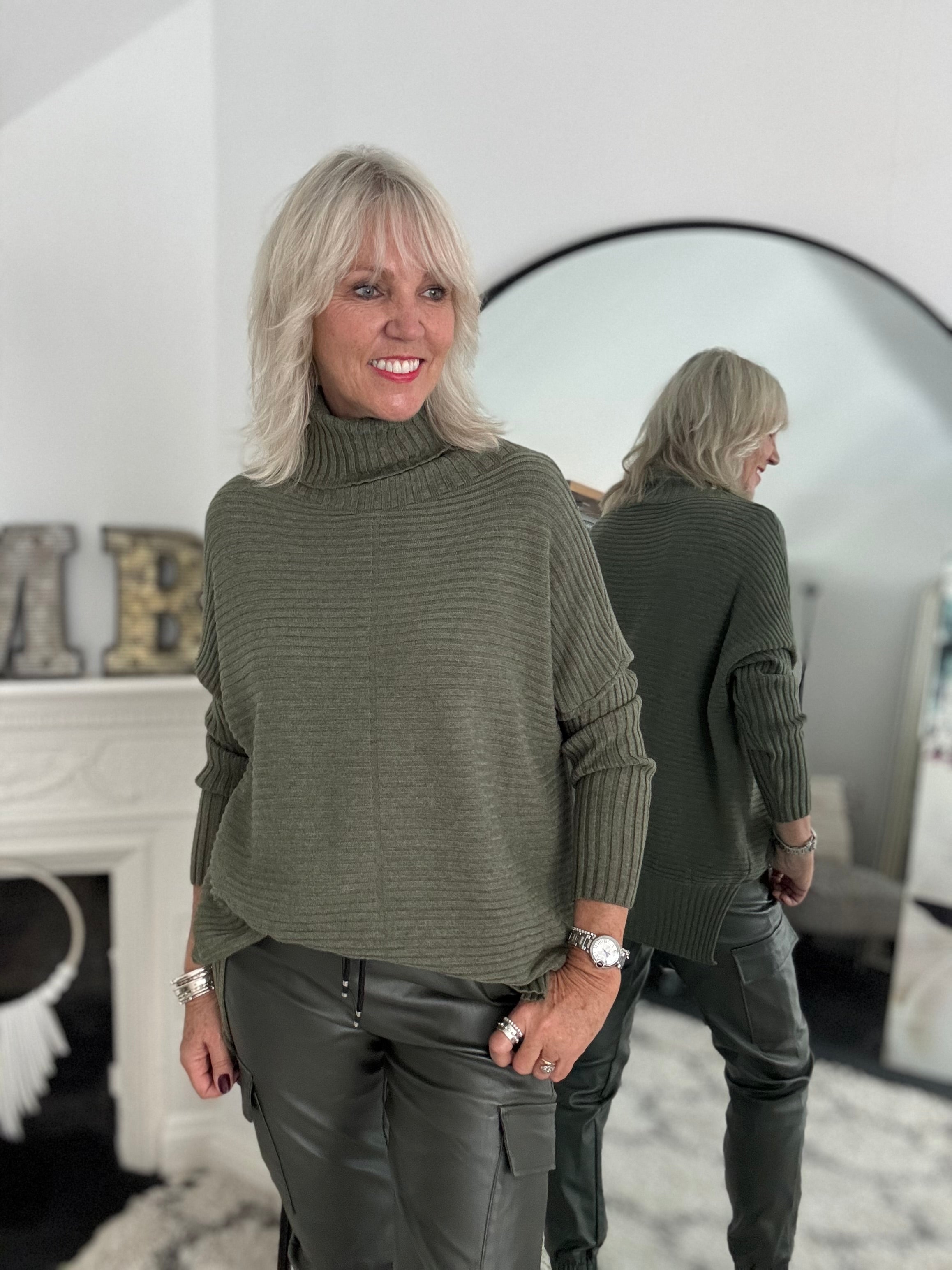 Ribbed Roll Neck Poncho Jumper in Khaki