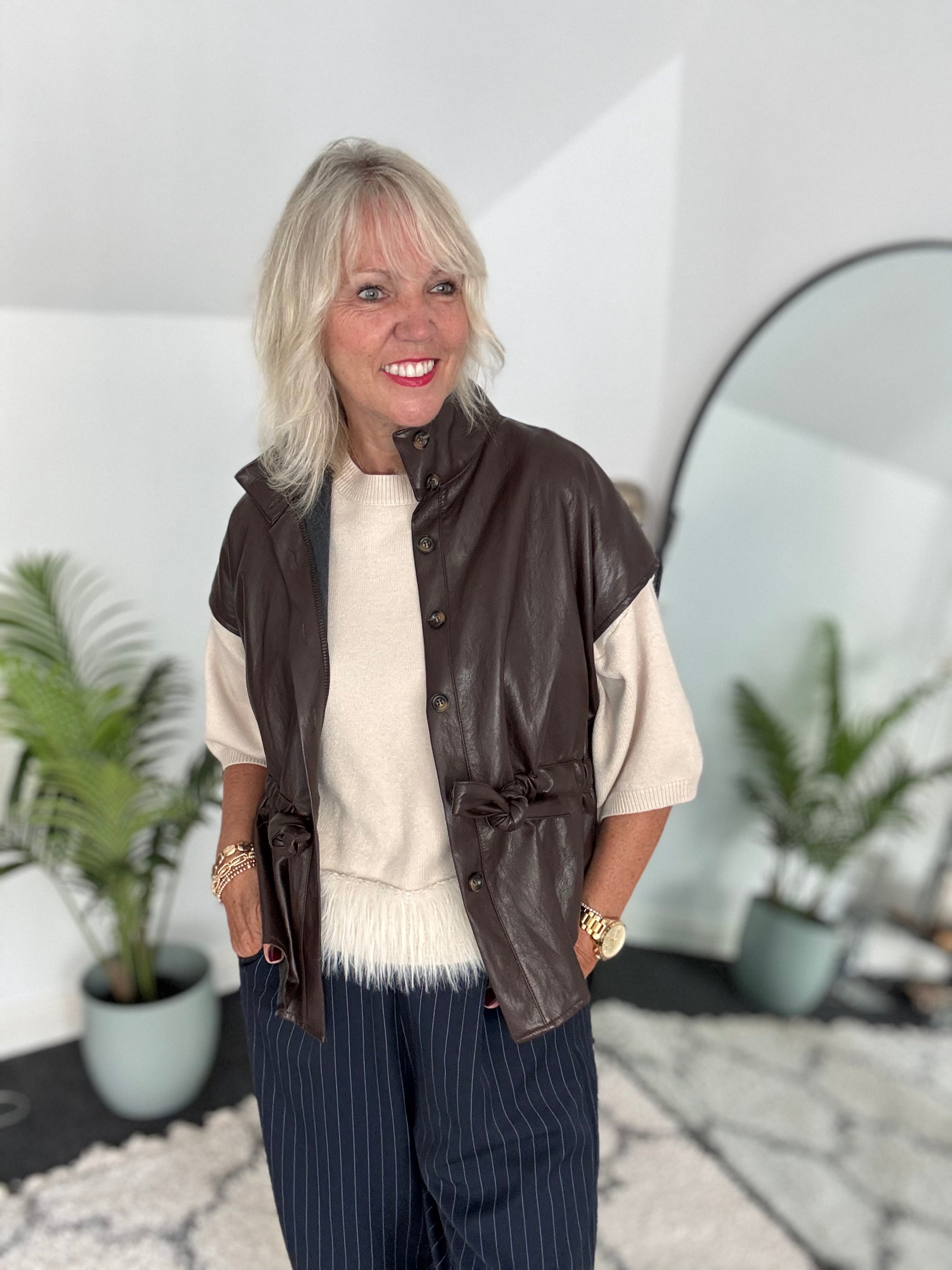 Designer Leather Gilet in Chocolate
