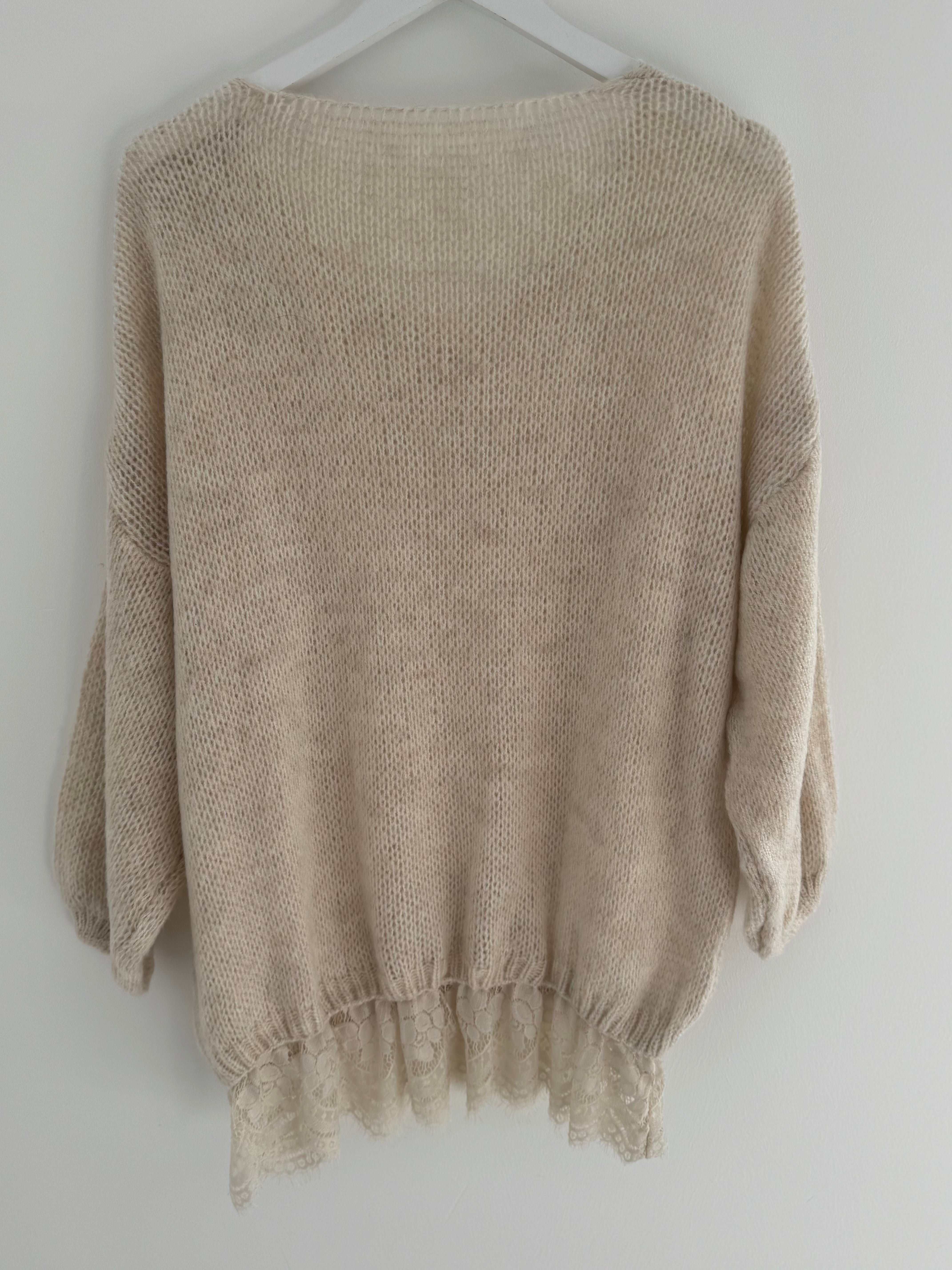 Soft Jumper with Lace Hem in Stone